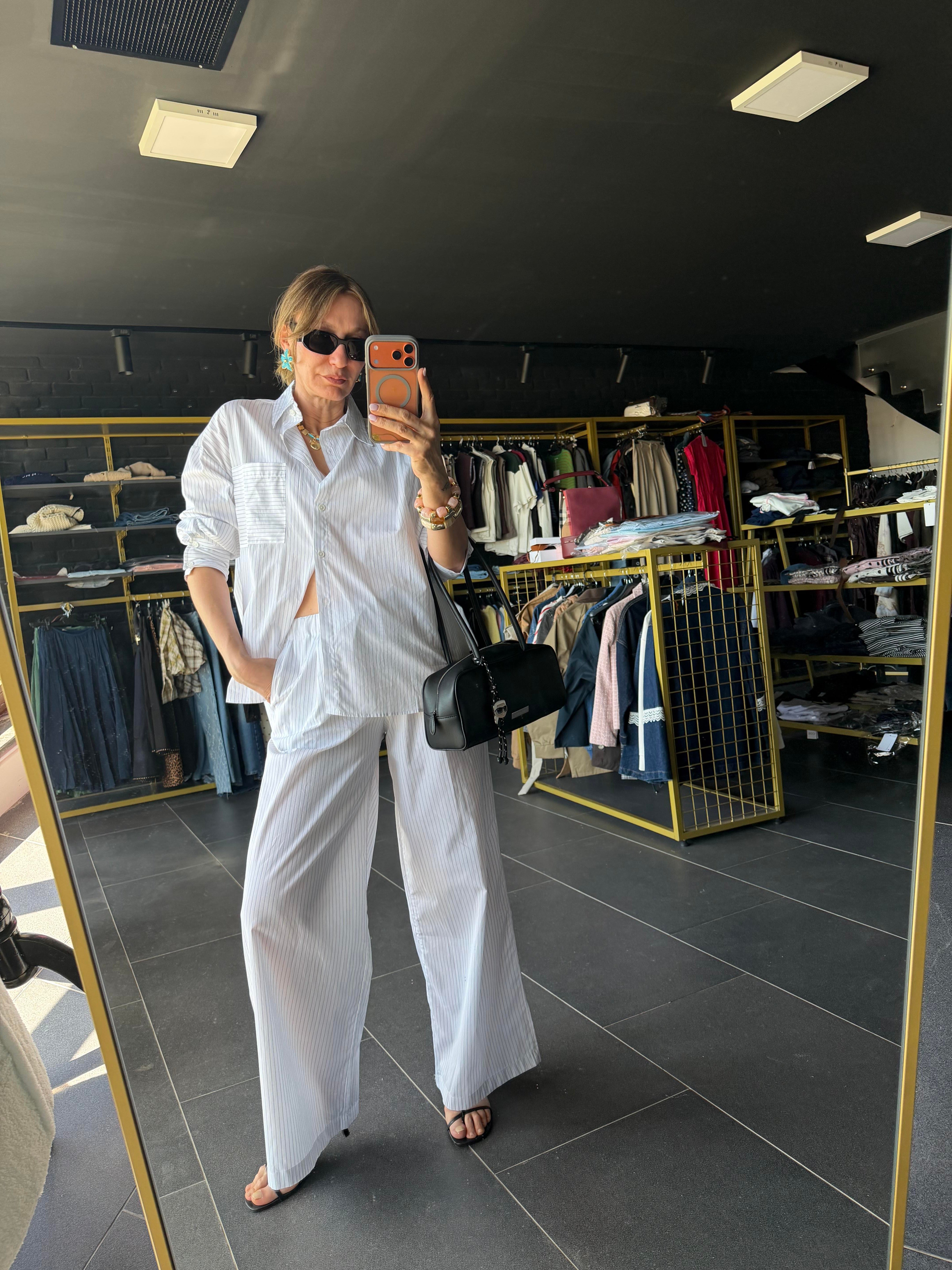 Marka Model Çizgili Gömlek Pantolon Takım