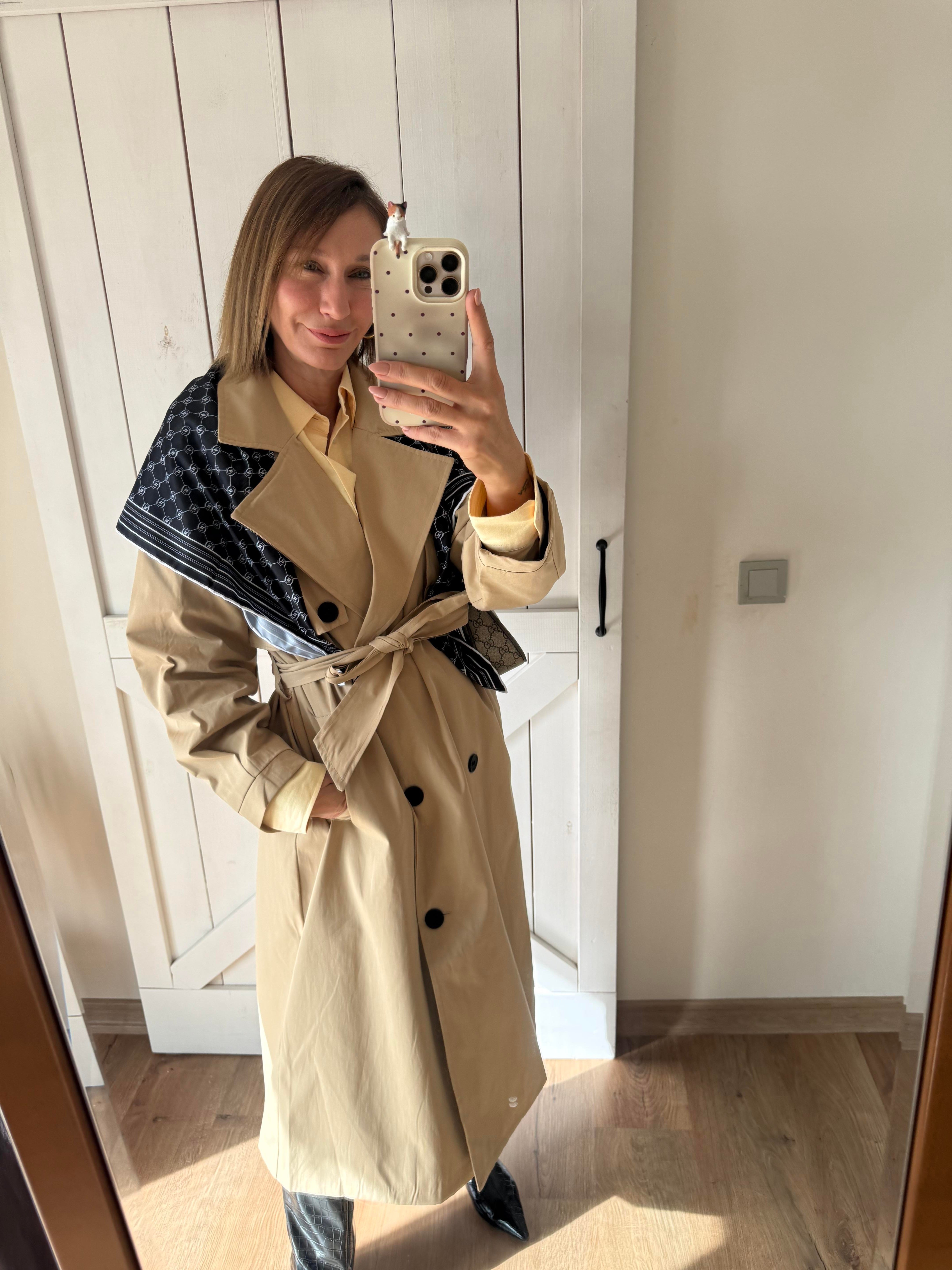 Massi Bej Pelerin Detaylı Kuşaklı Maxi Boy Trençkot