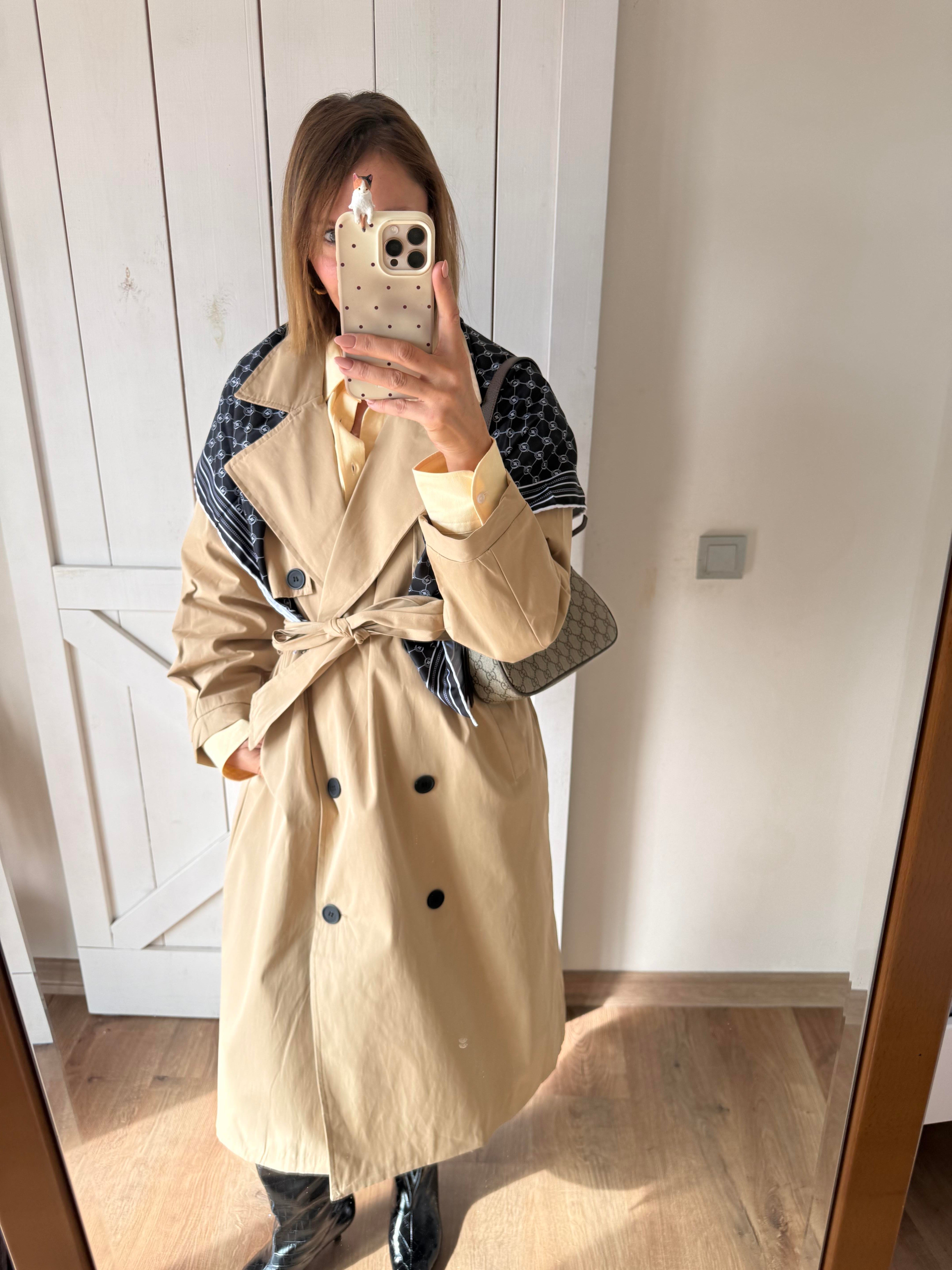 Massi Bej Pelerin Detaylı Kuşaklı Maxi Boy Trençkot