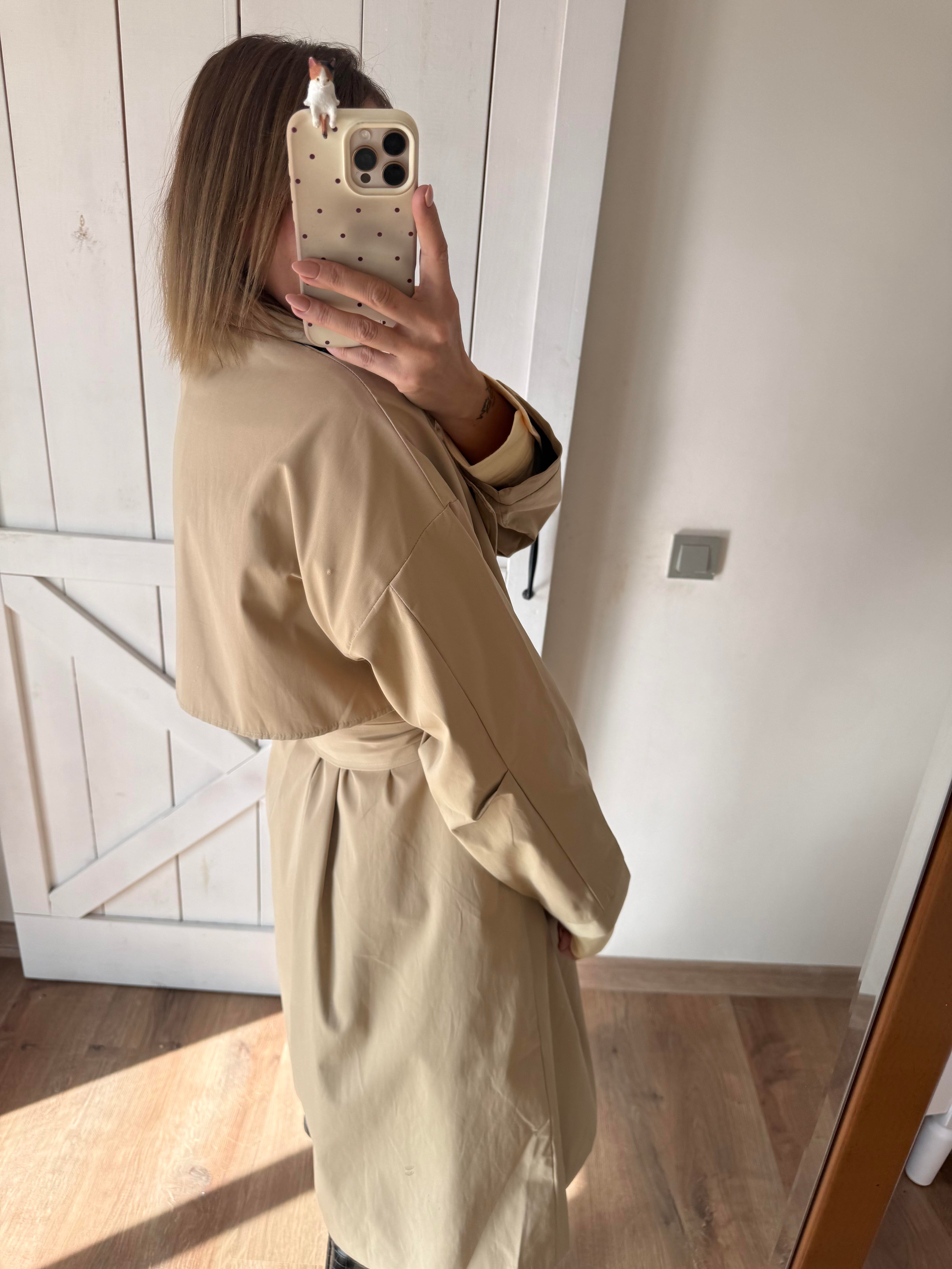 Massi Bej Pelerin Detaylı Kuşaklı Maxi Boy Trençkot