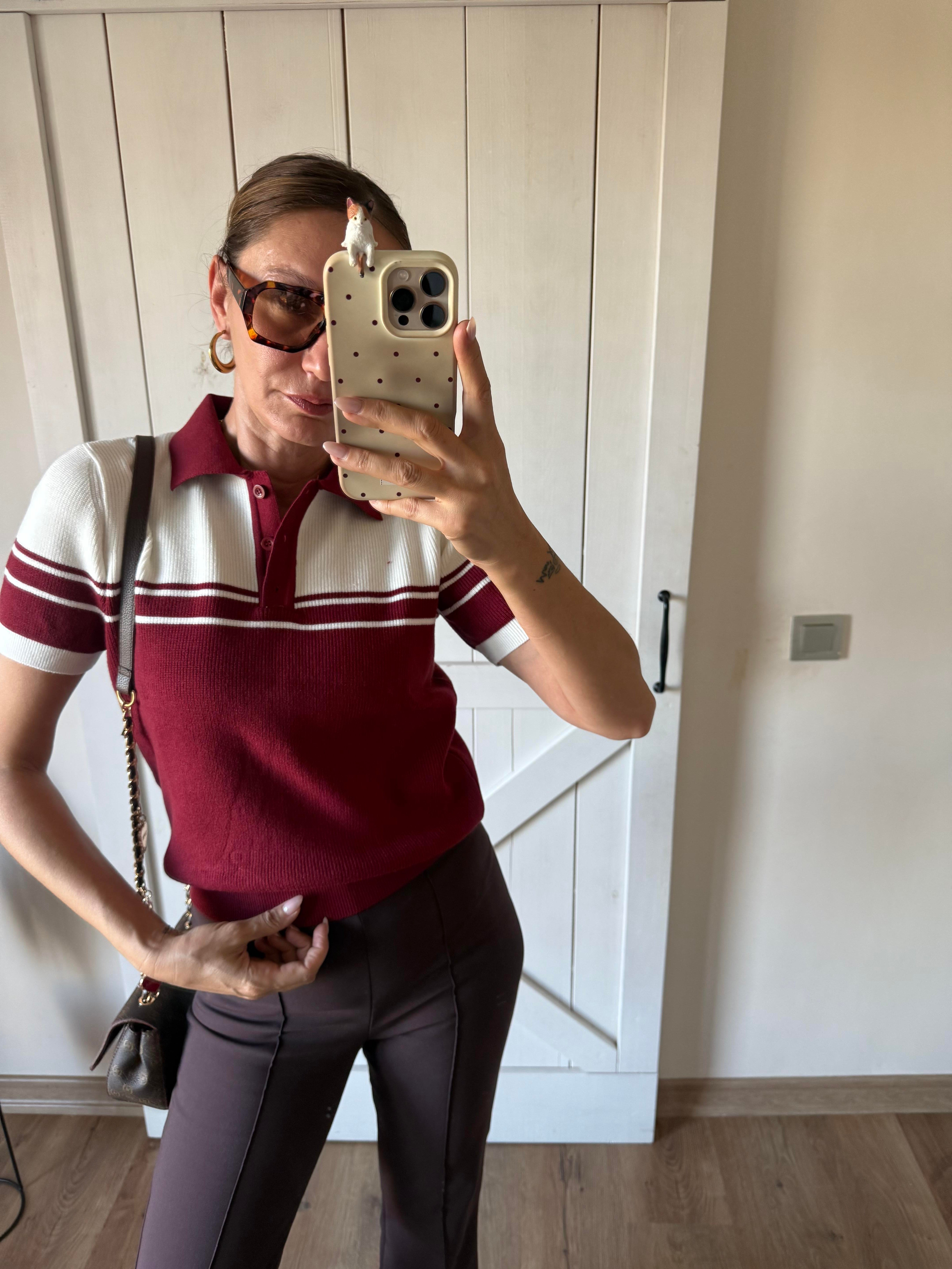 Massi Bordo Beyaz Polo Yaka Triko Bluz