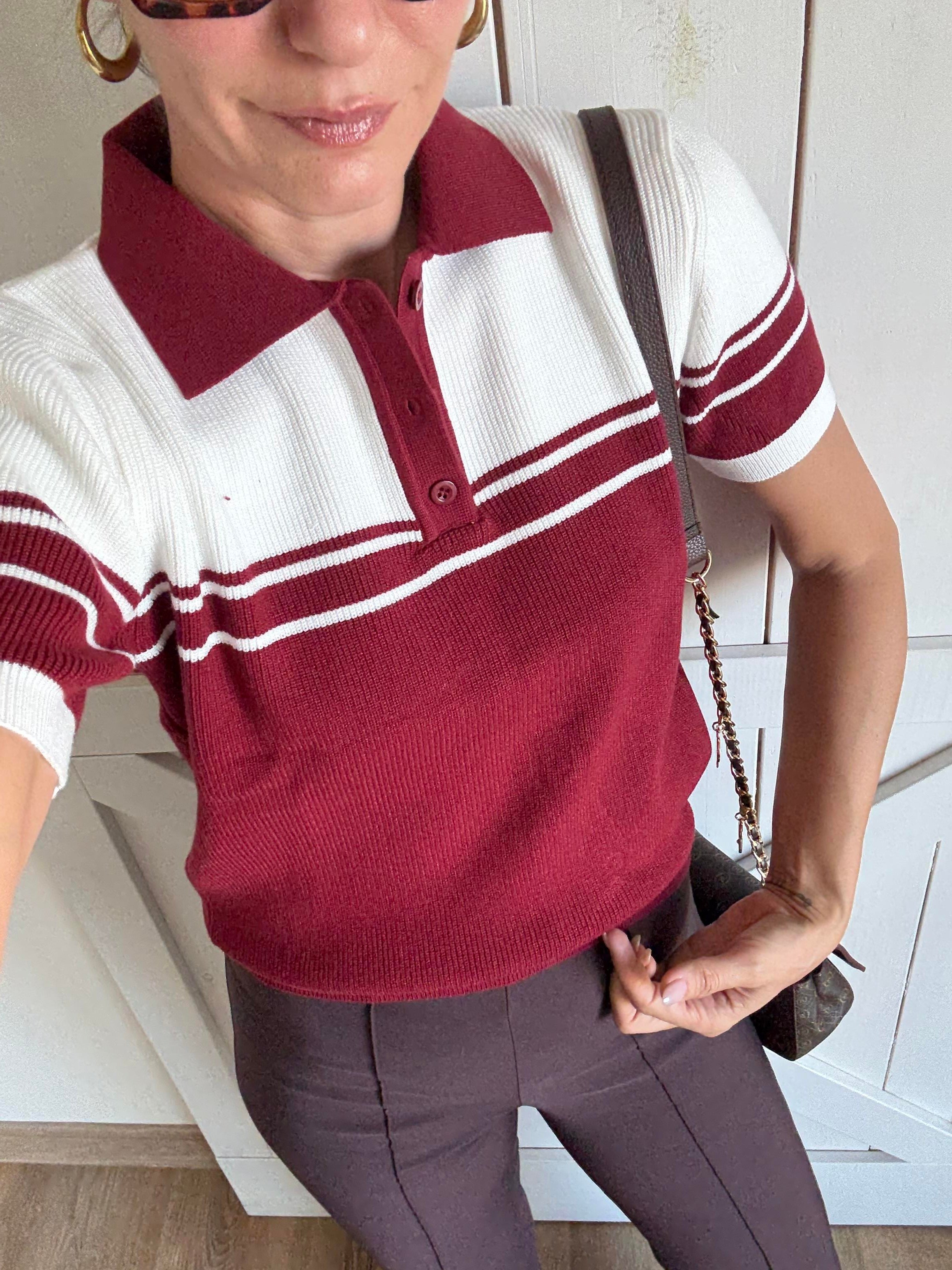 Massi Bordo Beyaz Polo Yaka Triko Bluz