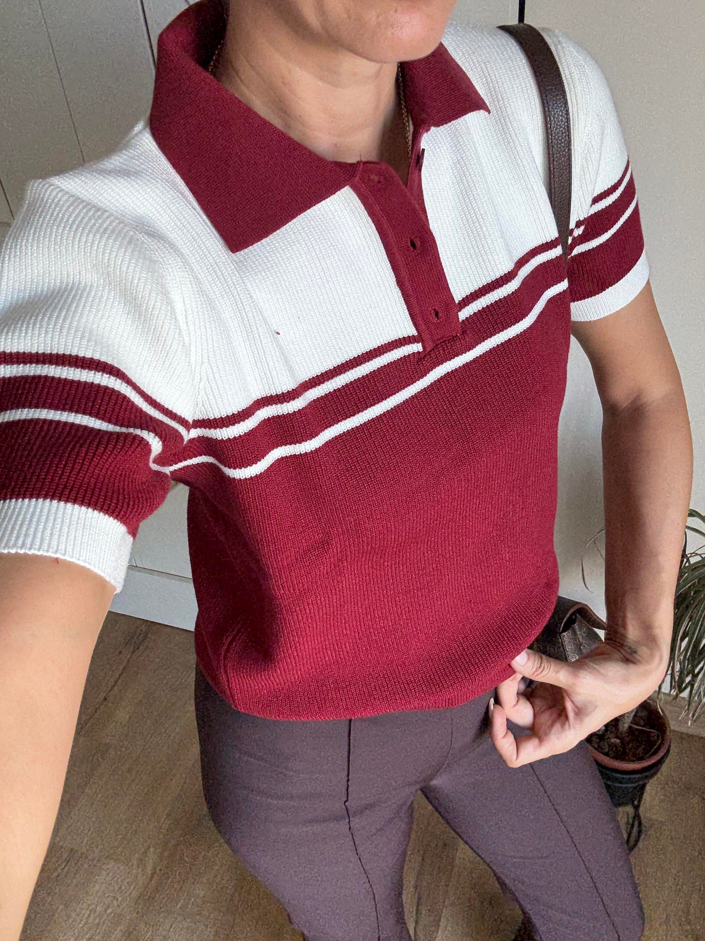 Massi Bordo Beyaz Polo Yaka Triko Bluz