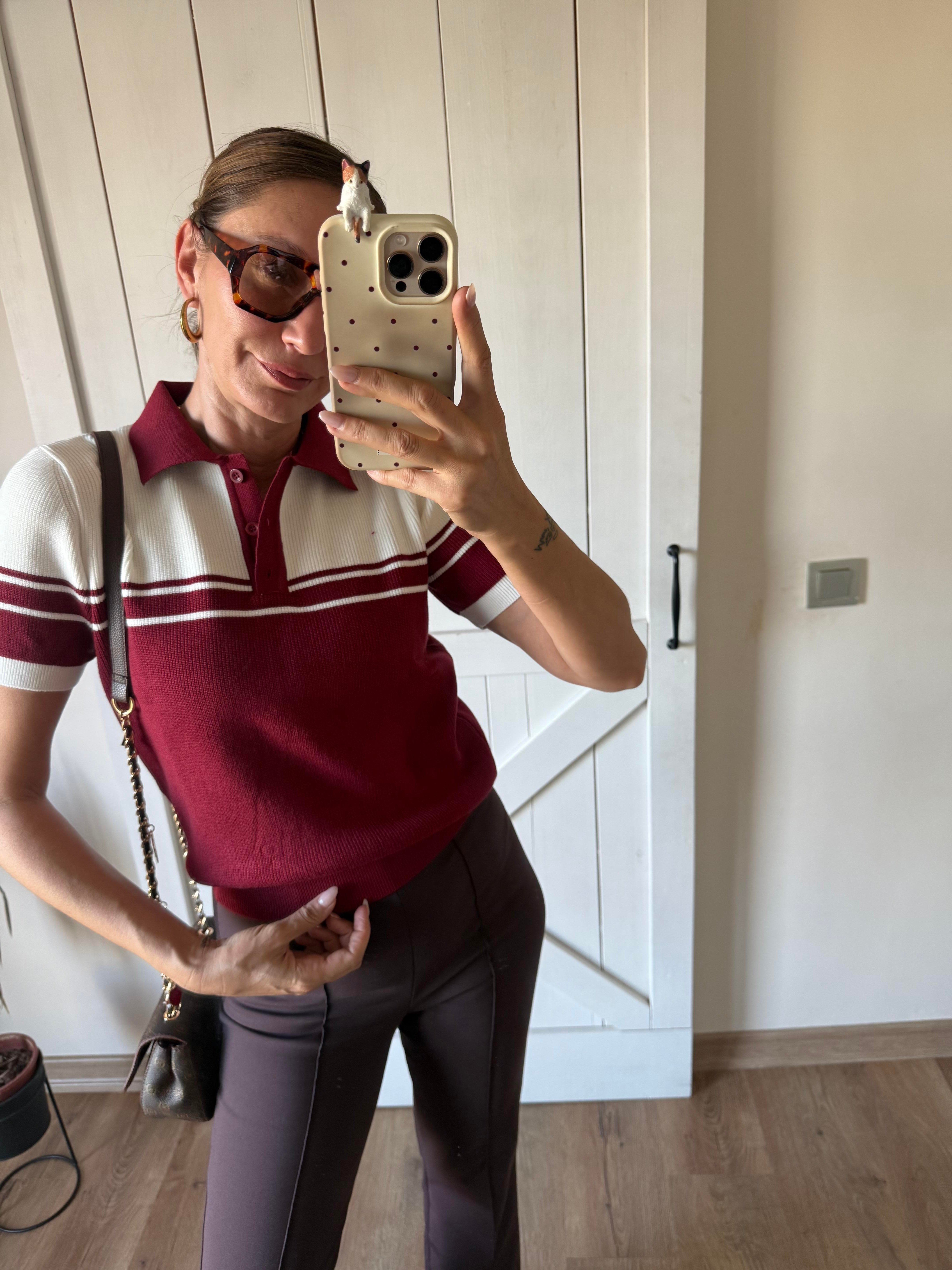 Massi Bordo Beyaz Polo Yaka Triko Bluz