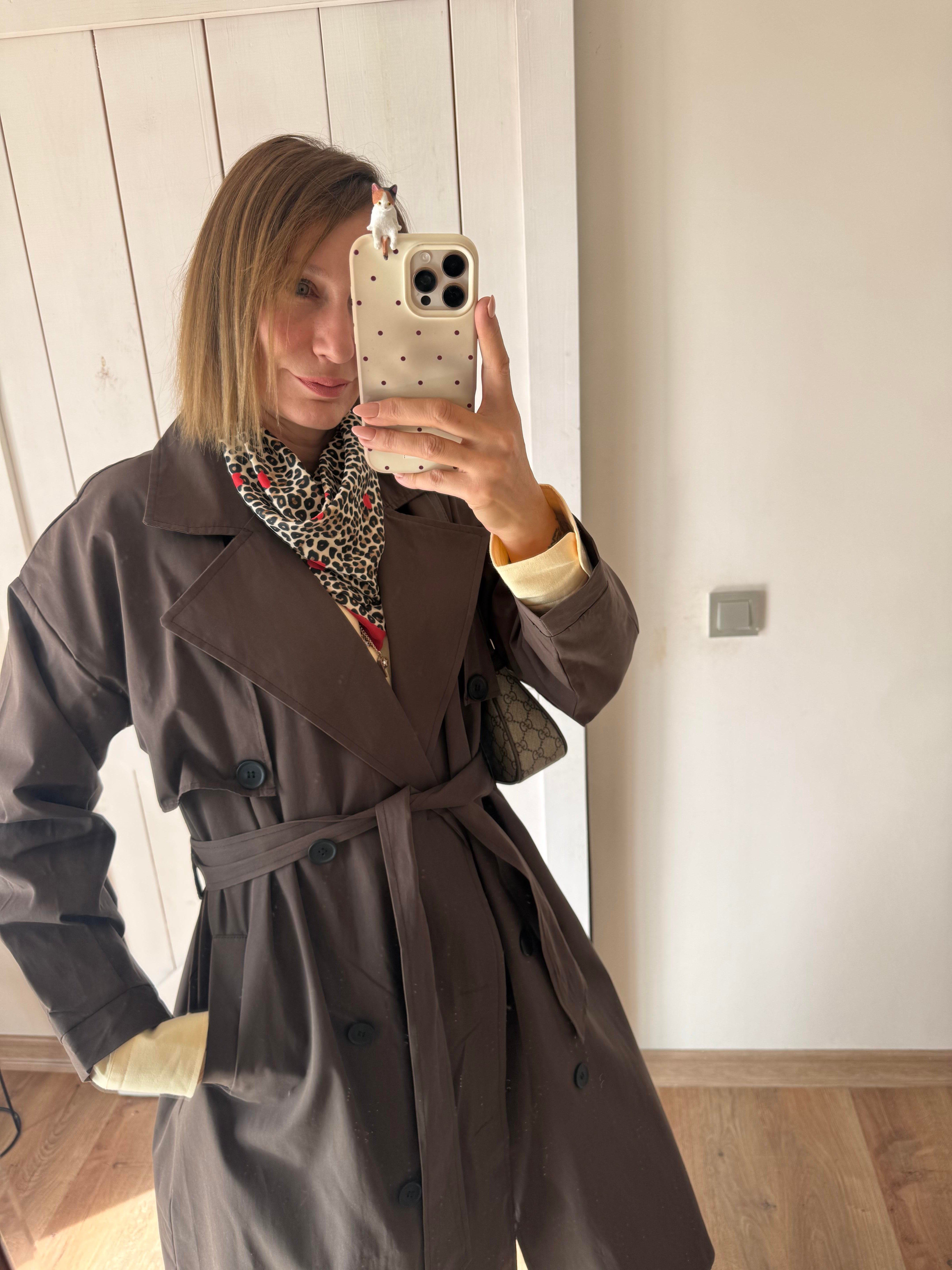 Massi Kahve Pelerin Detaylı Kuşaklı Maxi Boy Trençkot