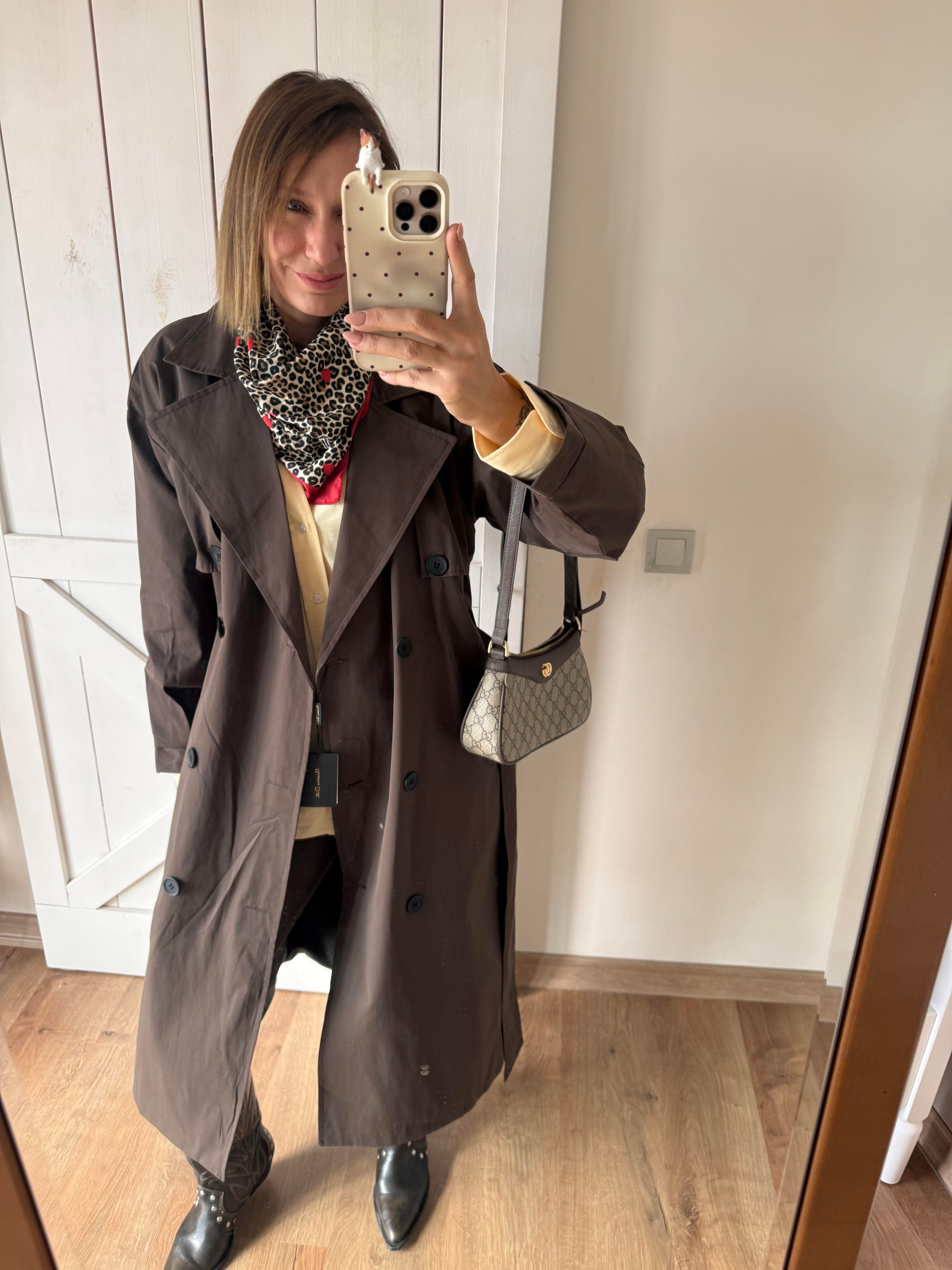 Massi Kahve Pelerin Detaylı Kuşaklı Maxi Boy Trençkot