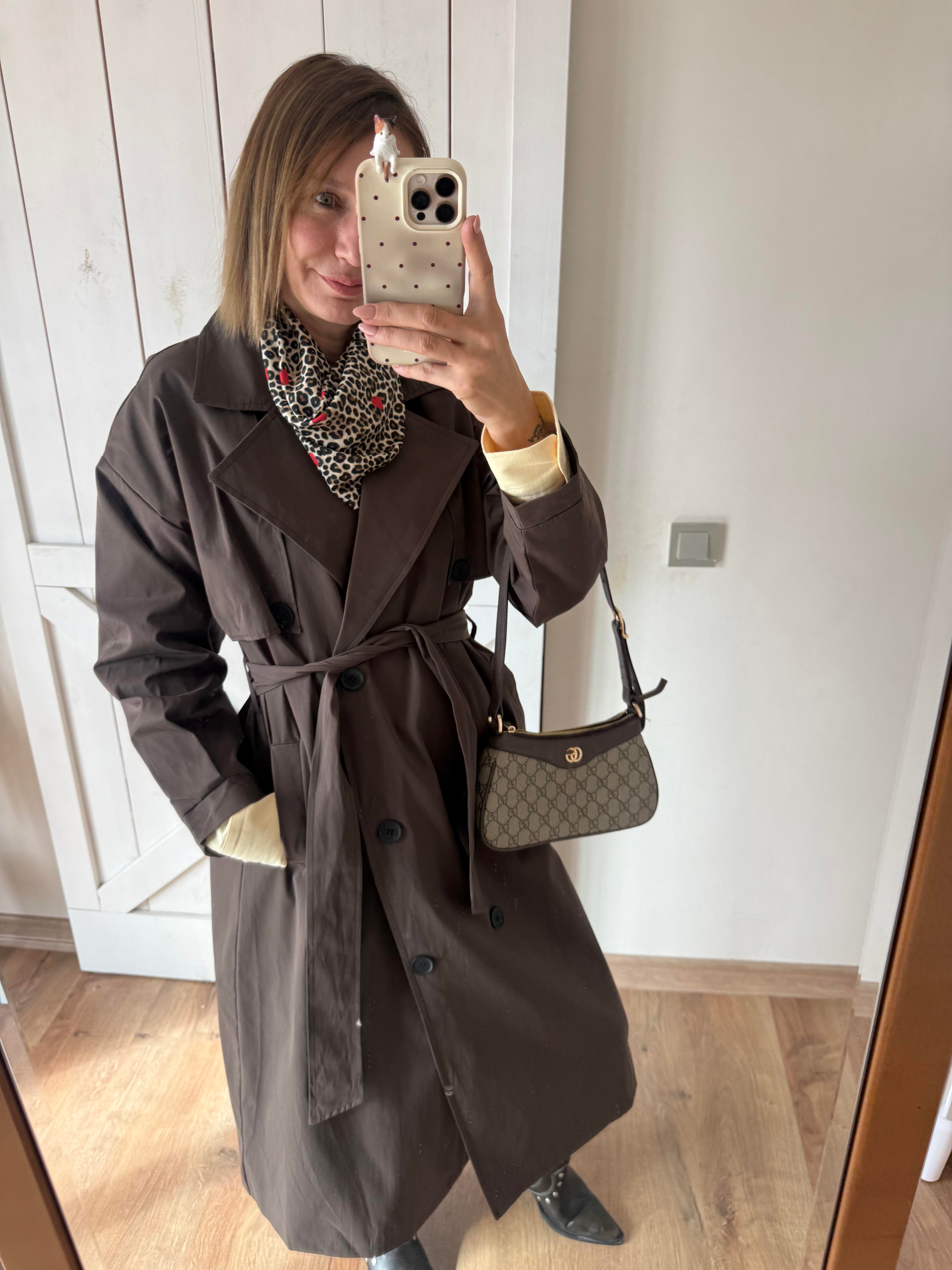 Massi Kahve Pelerin Detaylı Kuşaklı Maxi Boy Trençkot