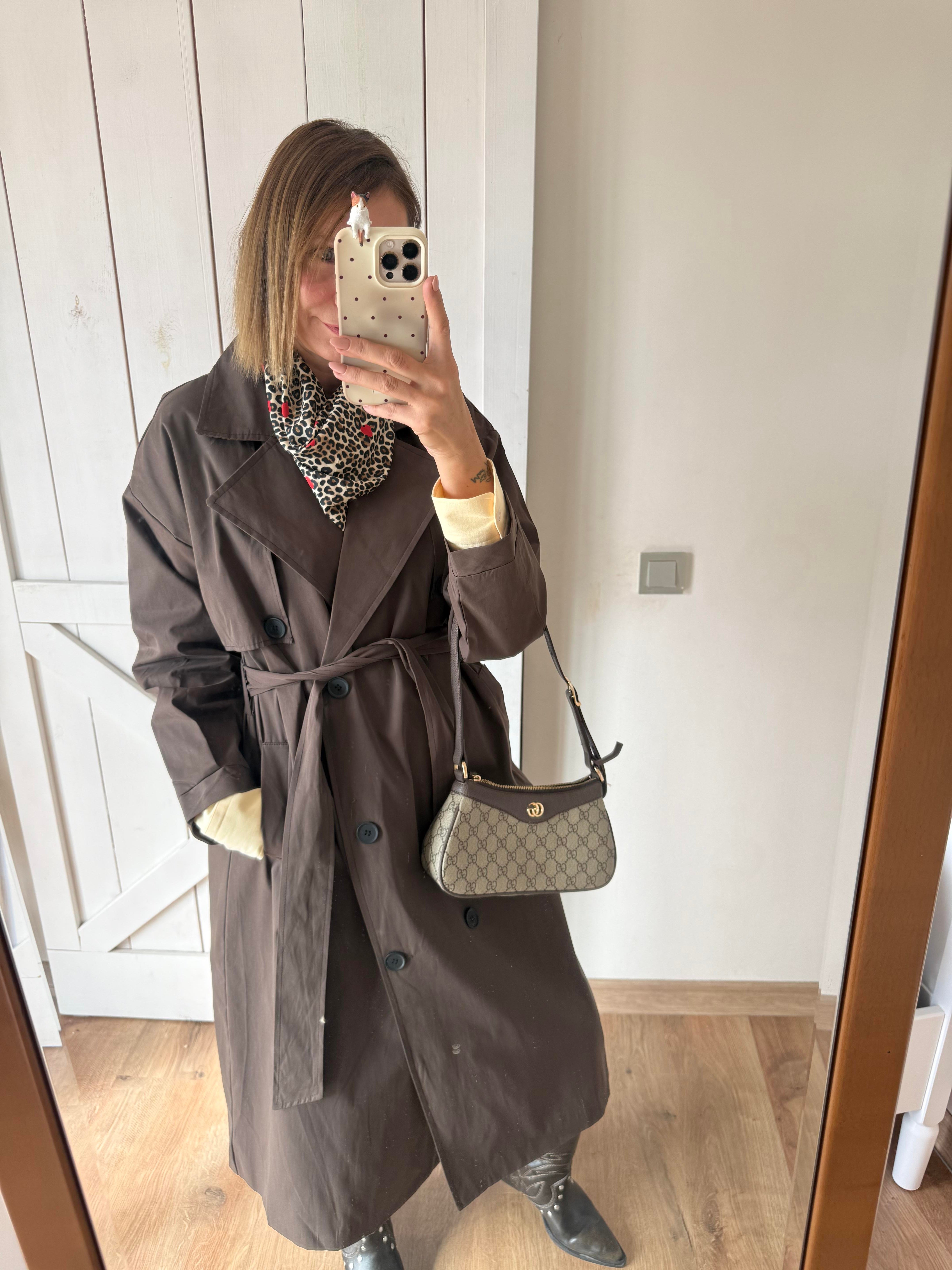 Massi Kahve Pelerin Detaylı Kuşaklı Maxi Boy Trençkot