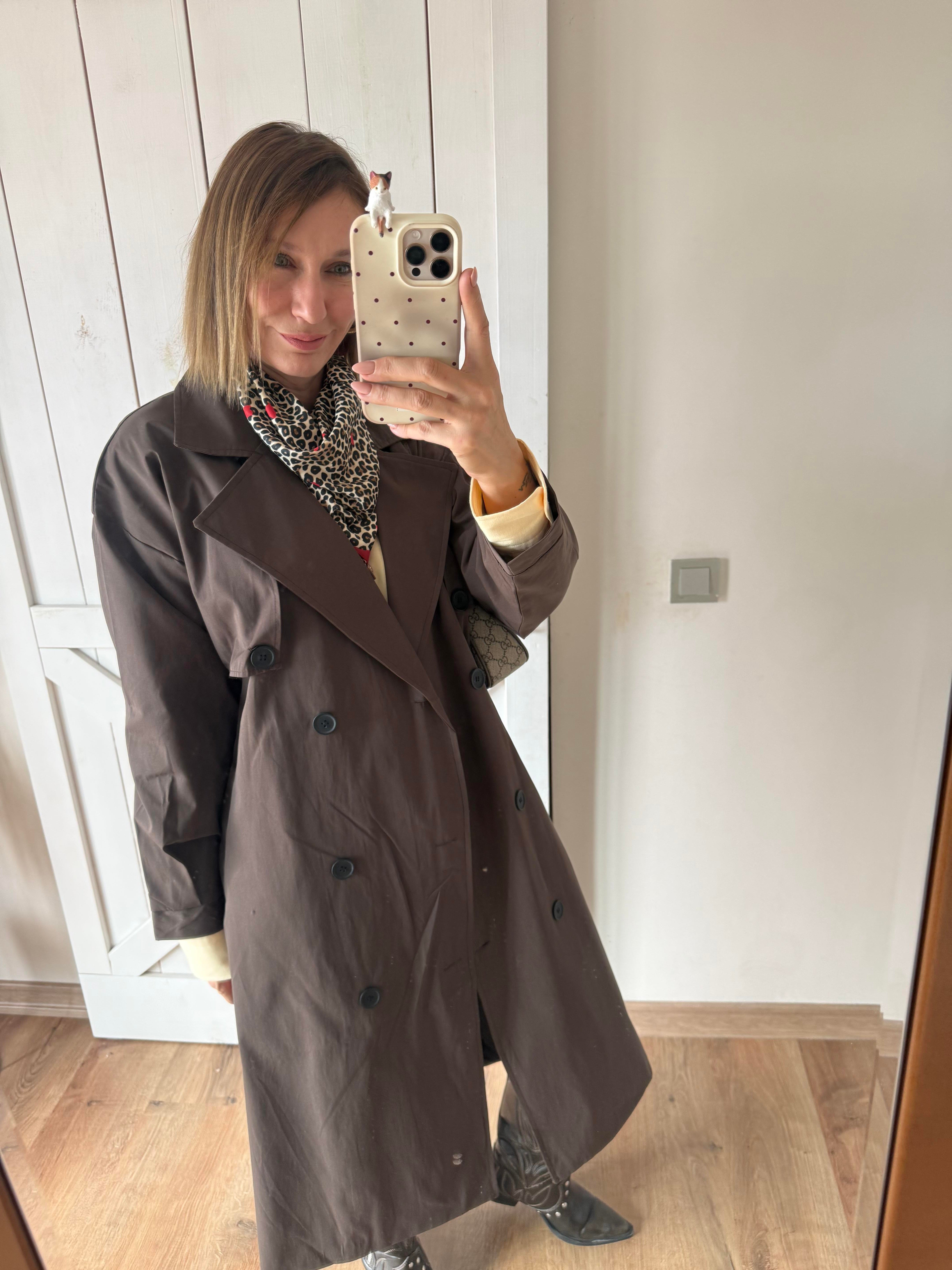 Massi Kahve Pelerin Detaylı Kuşaklı Maxi Boy Trençkot