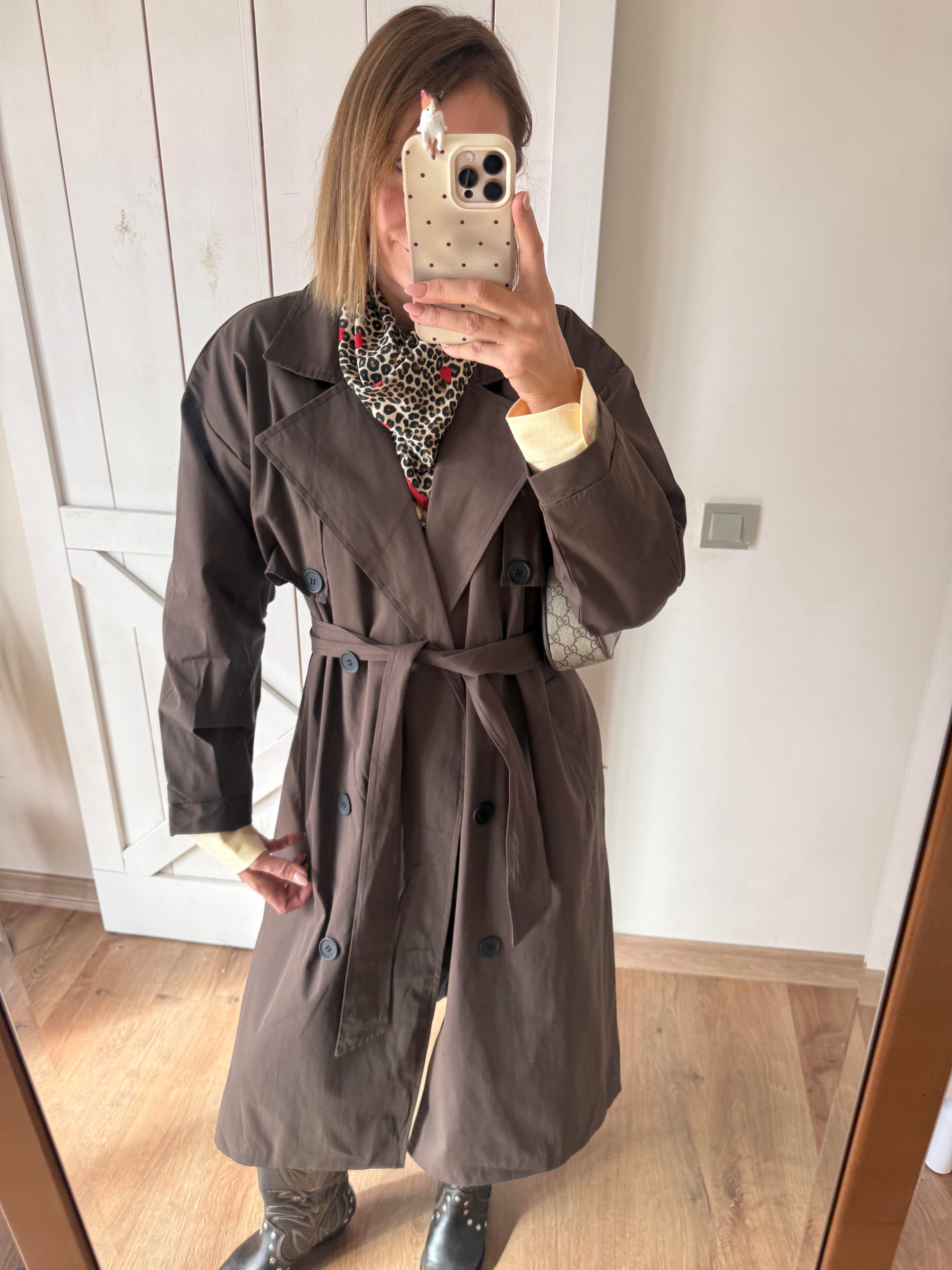 Massi Kahve Pelerin Detaylı Kuşaklı Maxi Boy Trençkot