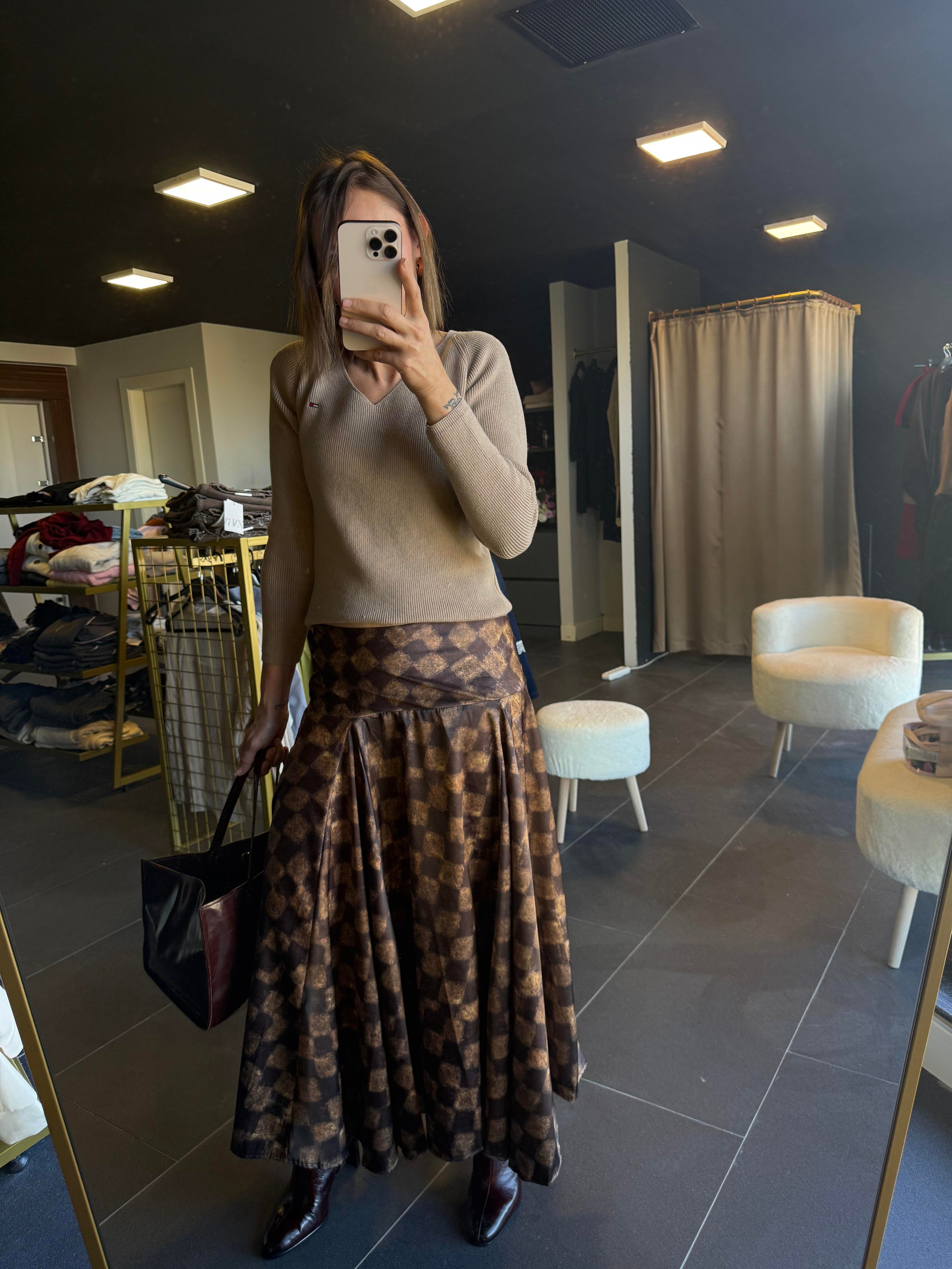 Massi Model Kareli Volanlı Etek