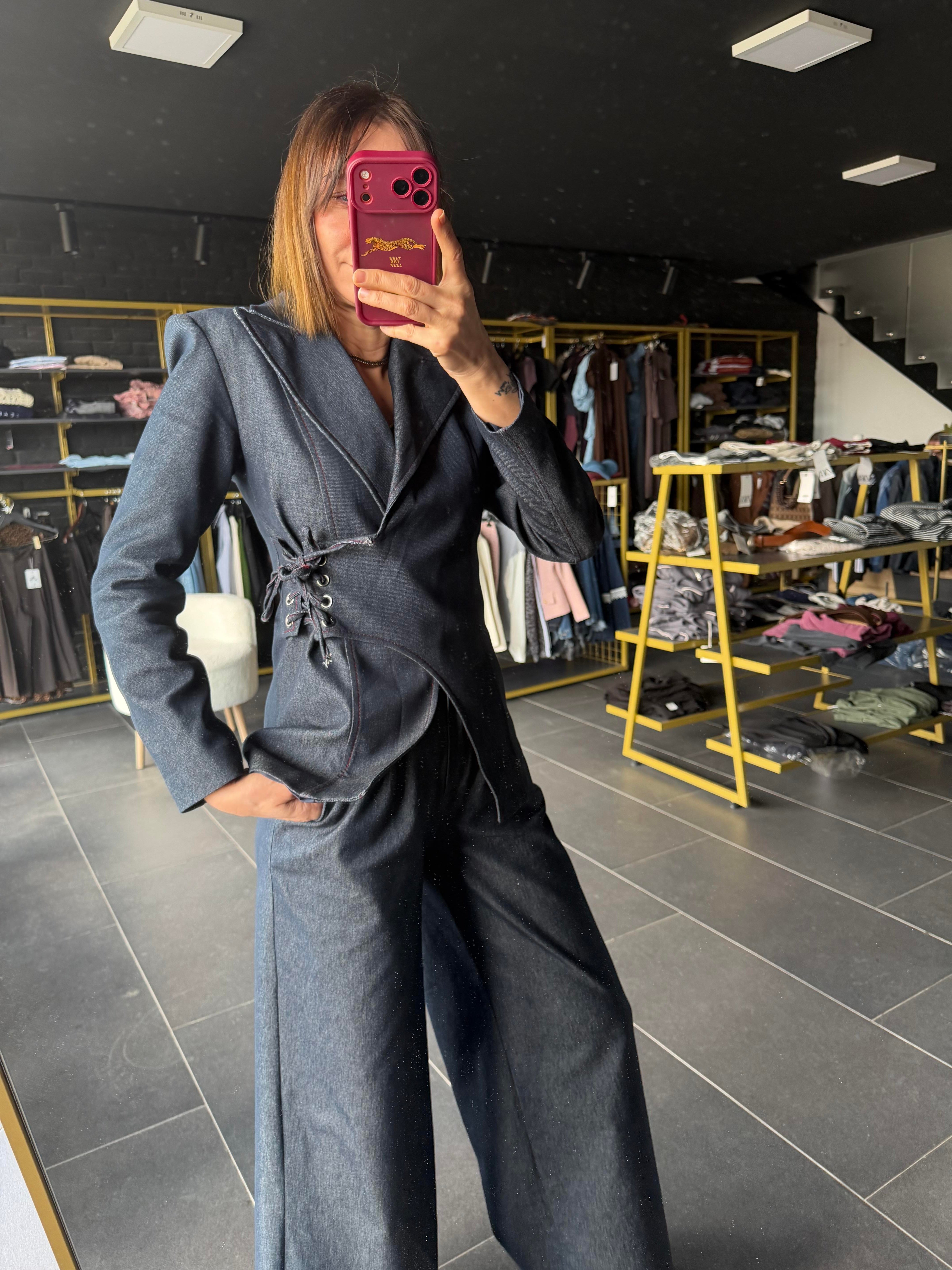 Massi Yandan Bağlamalı Denim Görünümlü Takım