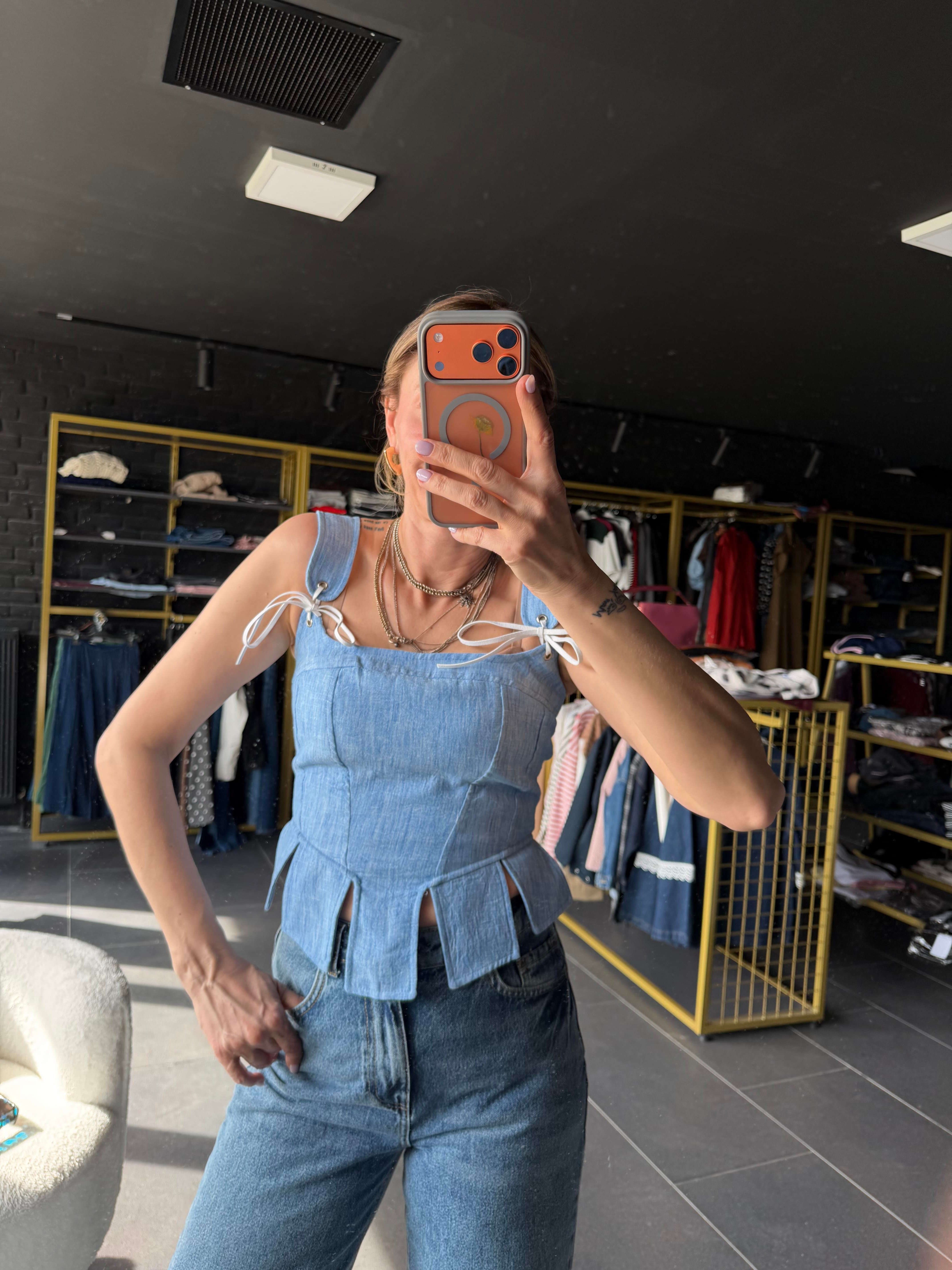Mavi Askılı Korse Bluz