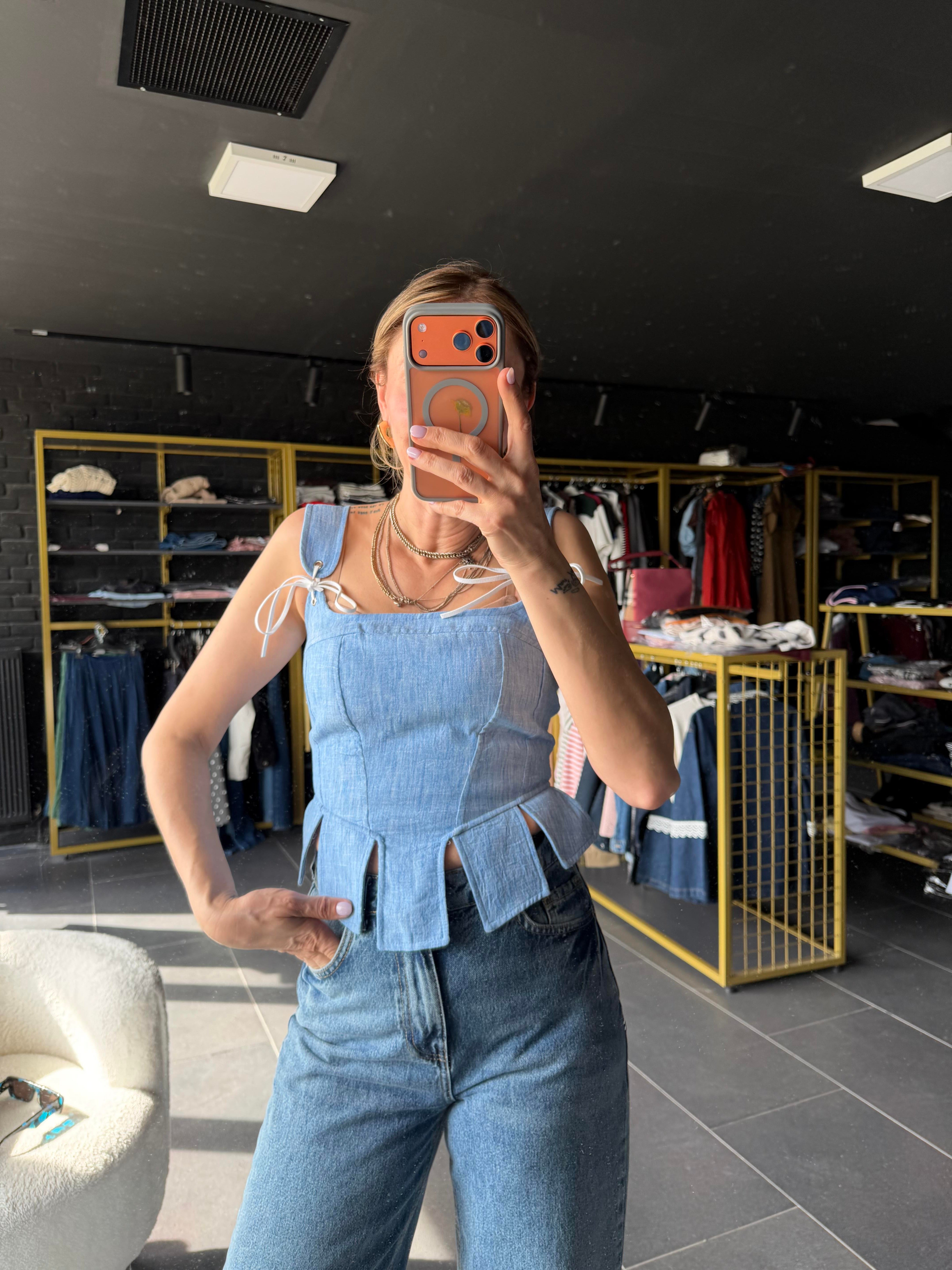 Mavi Askılı Korse Bluz