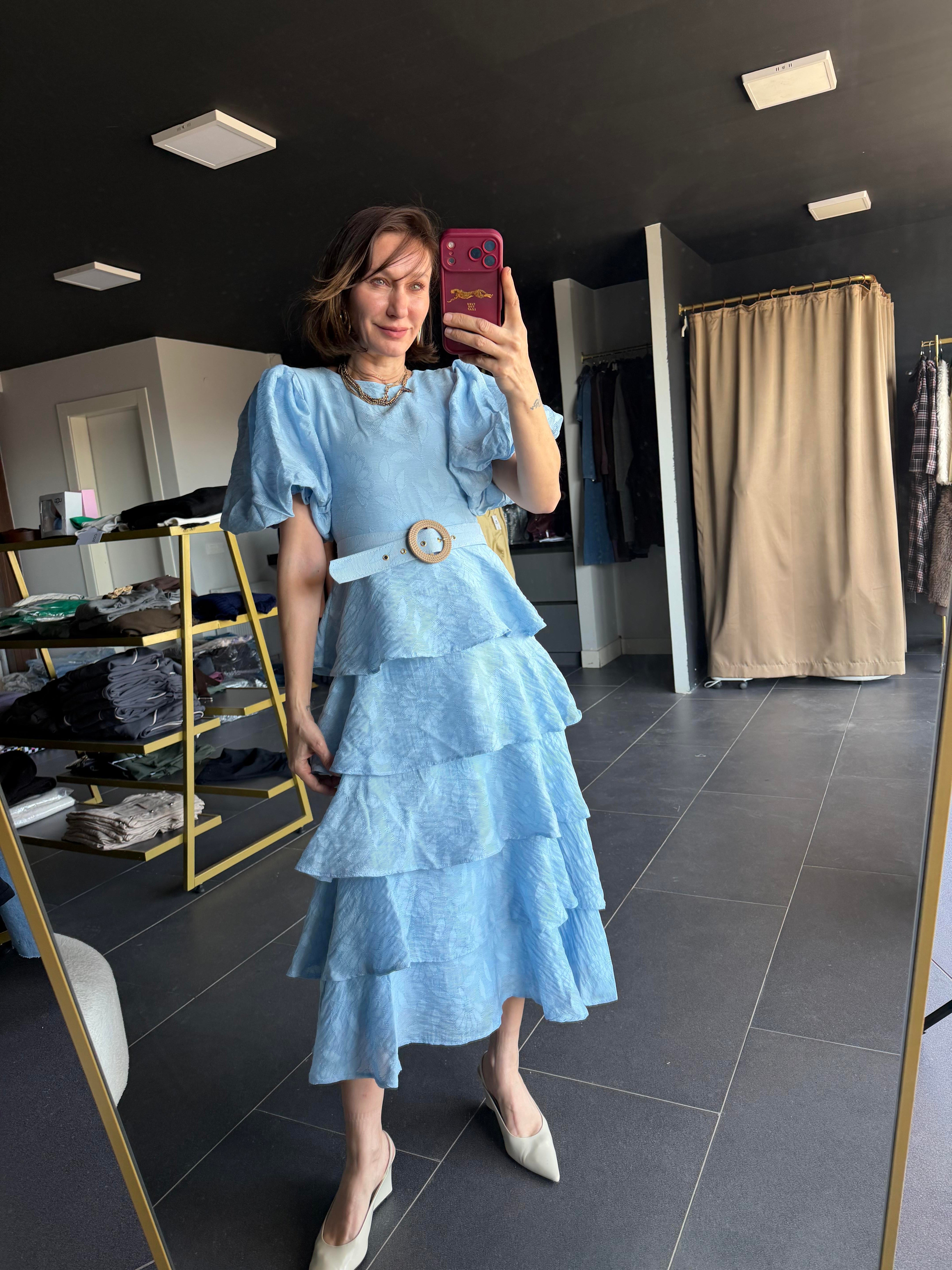 Mavi Balonn Kol Kemerli Kat Kat Elbise