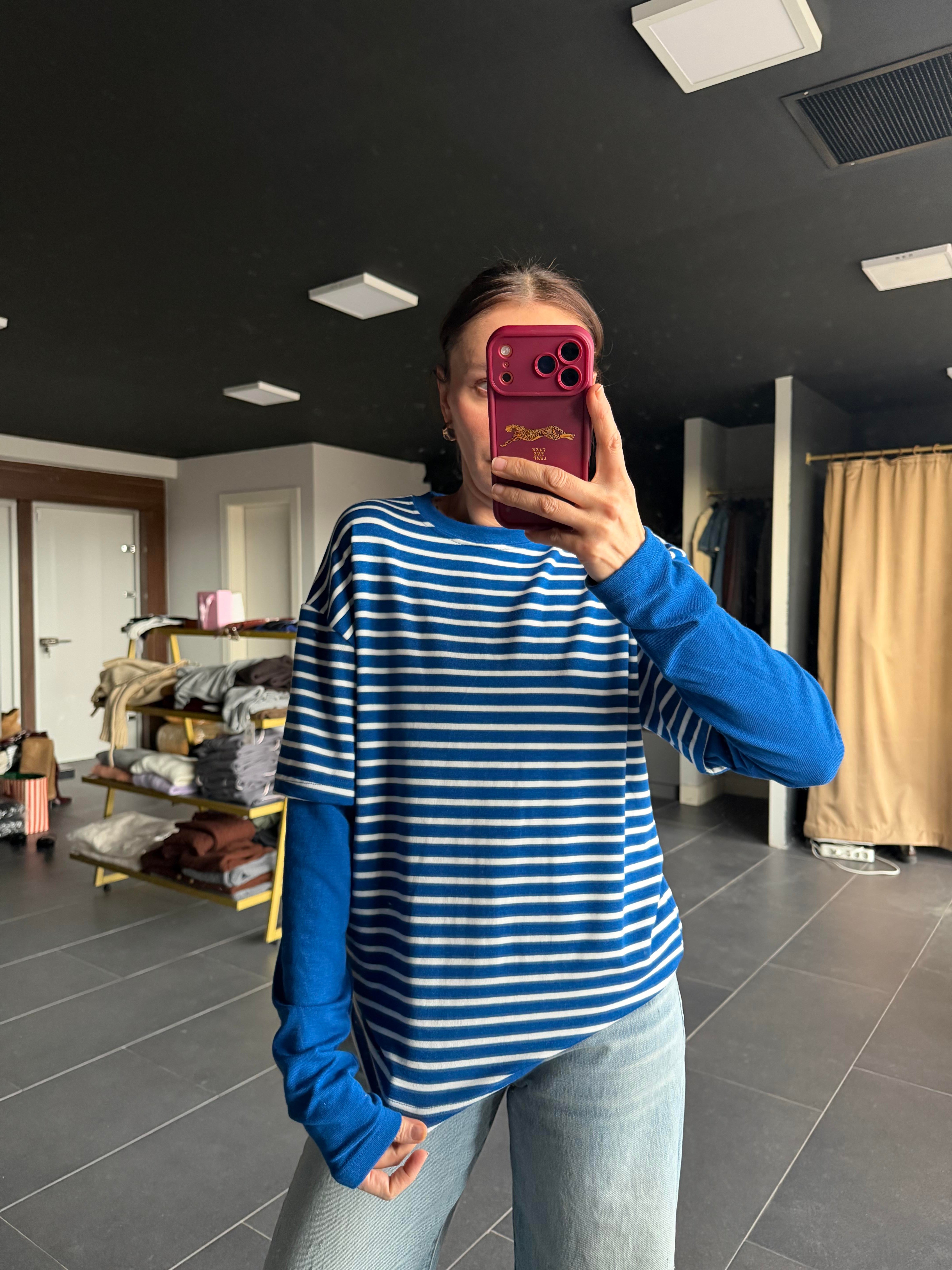 Mavi Çizgili Basic Tshirt Detaylı