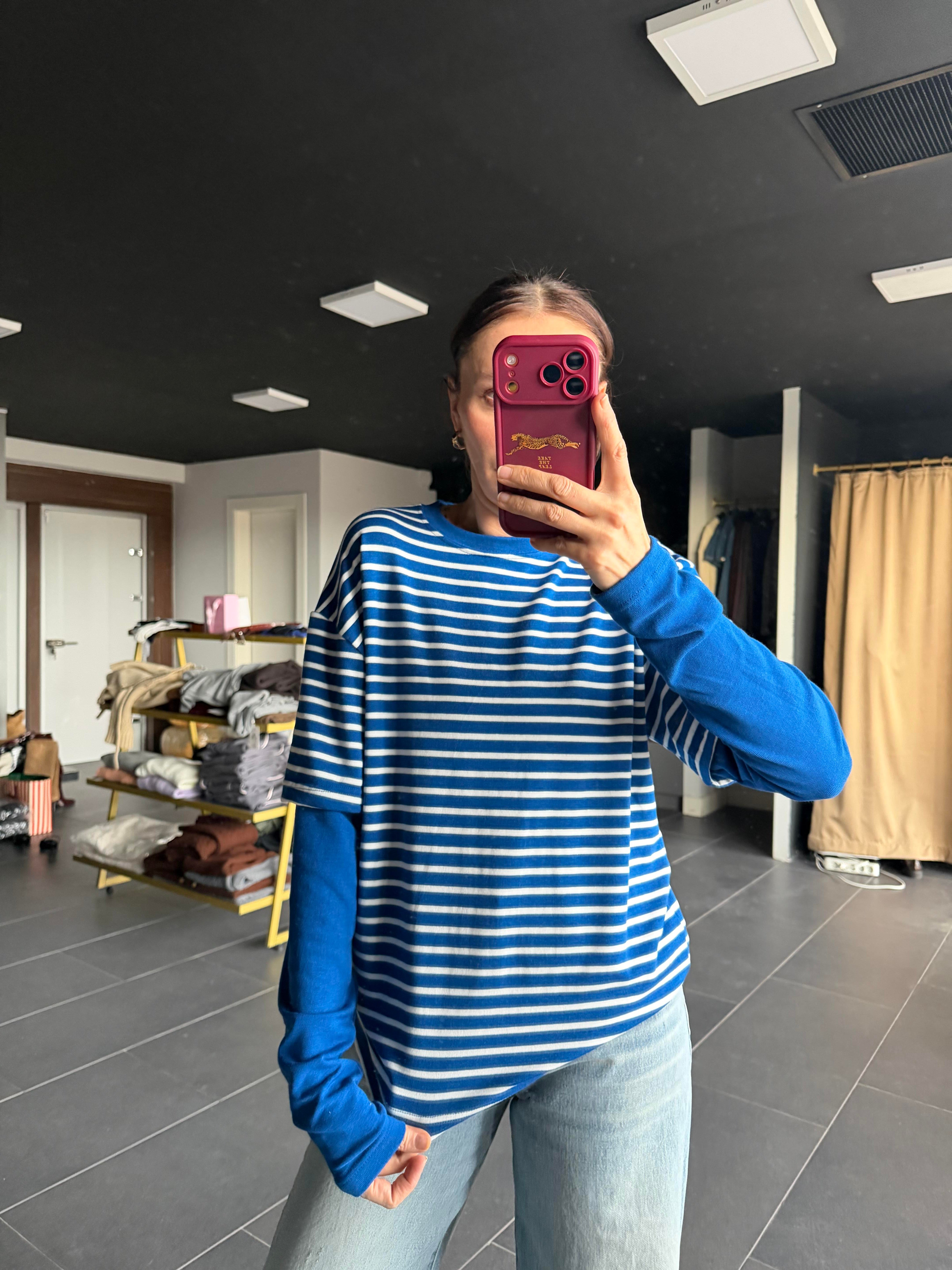 Mavi Çizgili Basic Tshirt Detaylı