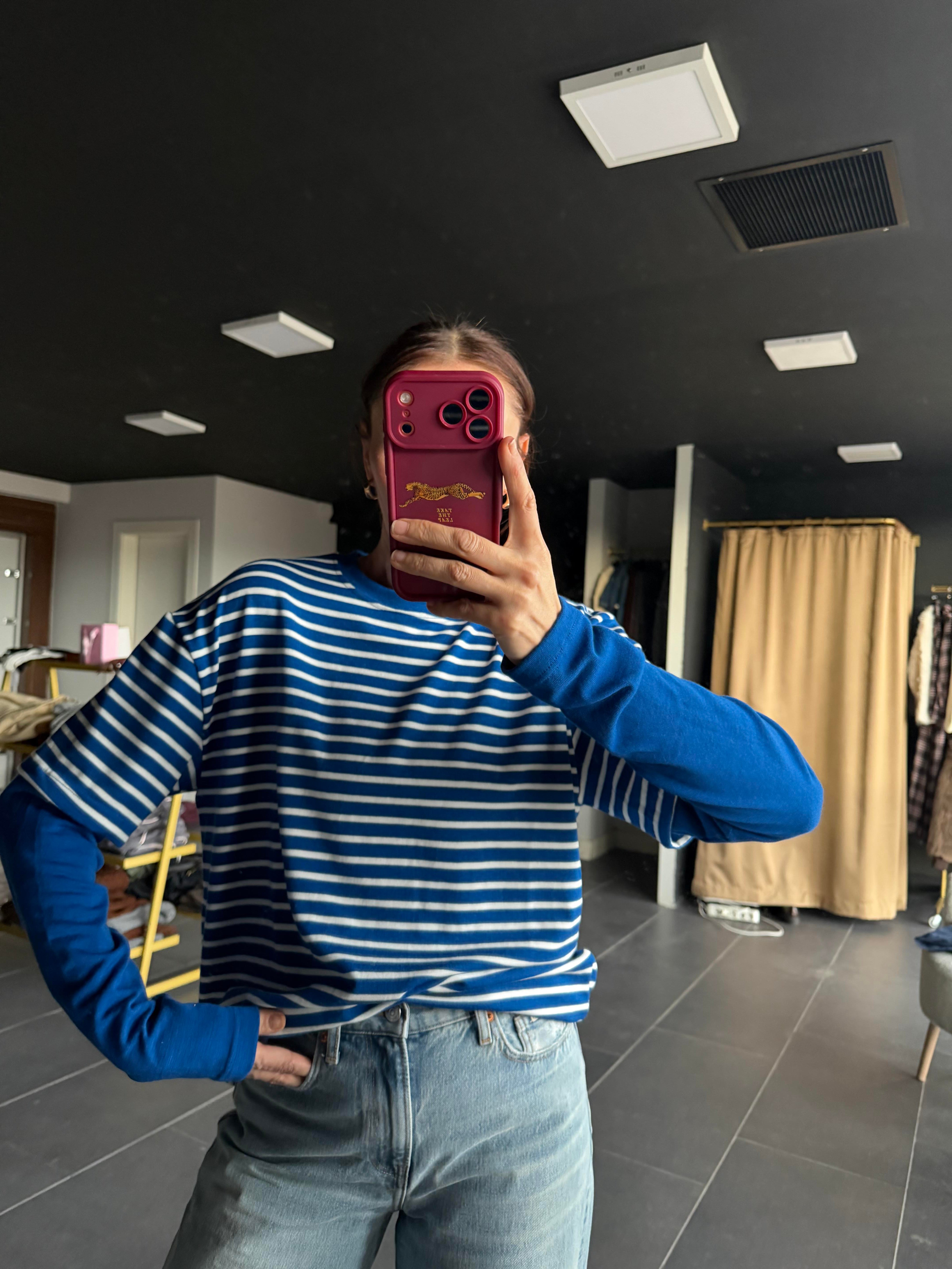 Mavi Çizgili Basic Tshirt Detaylı