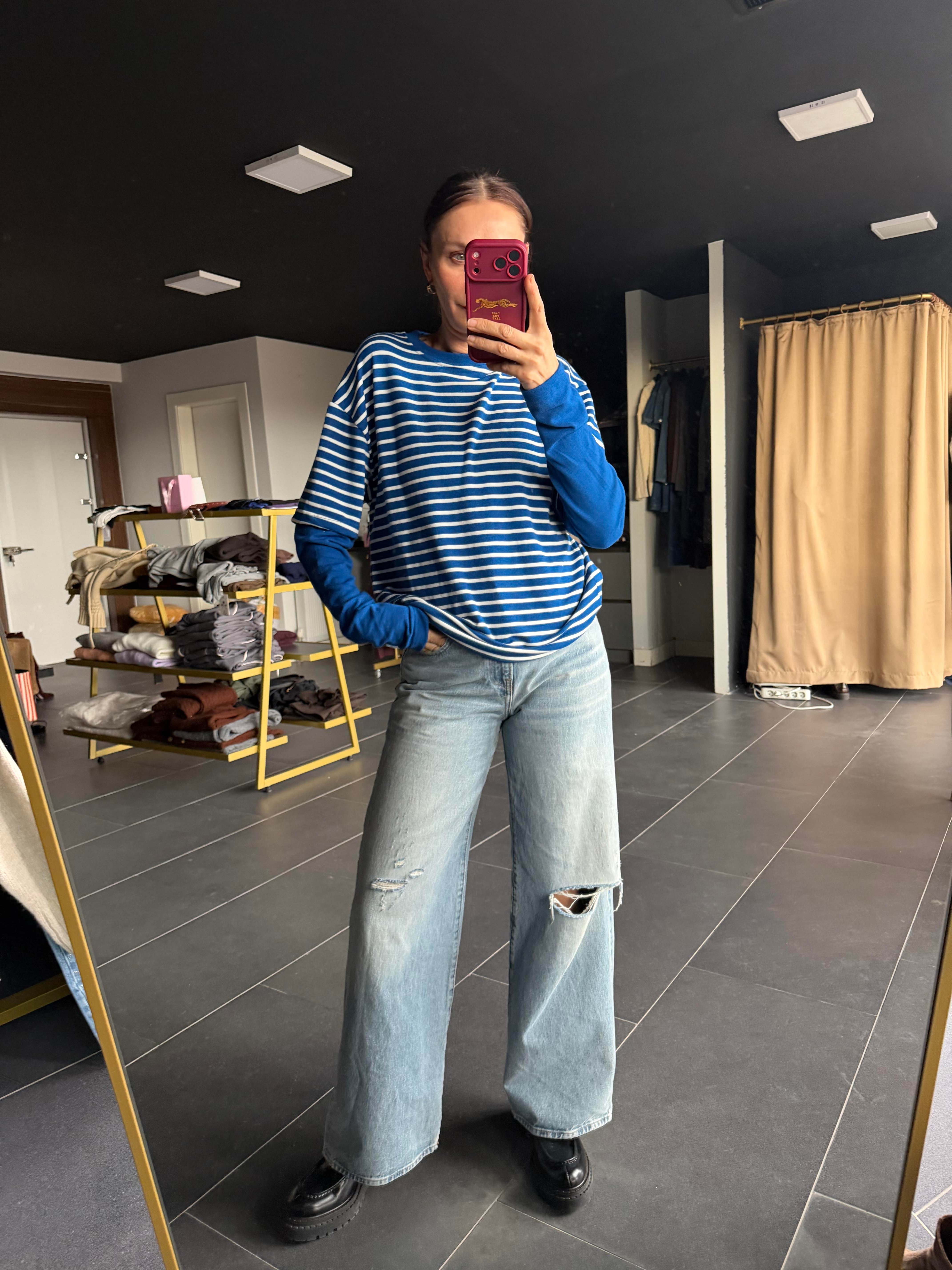 Mavi Çizgili Basic Tshirt Detaylı