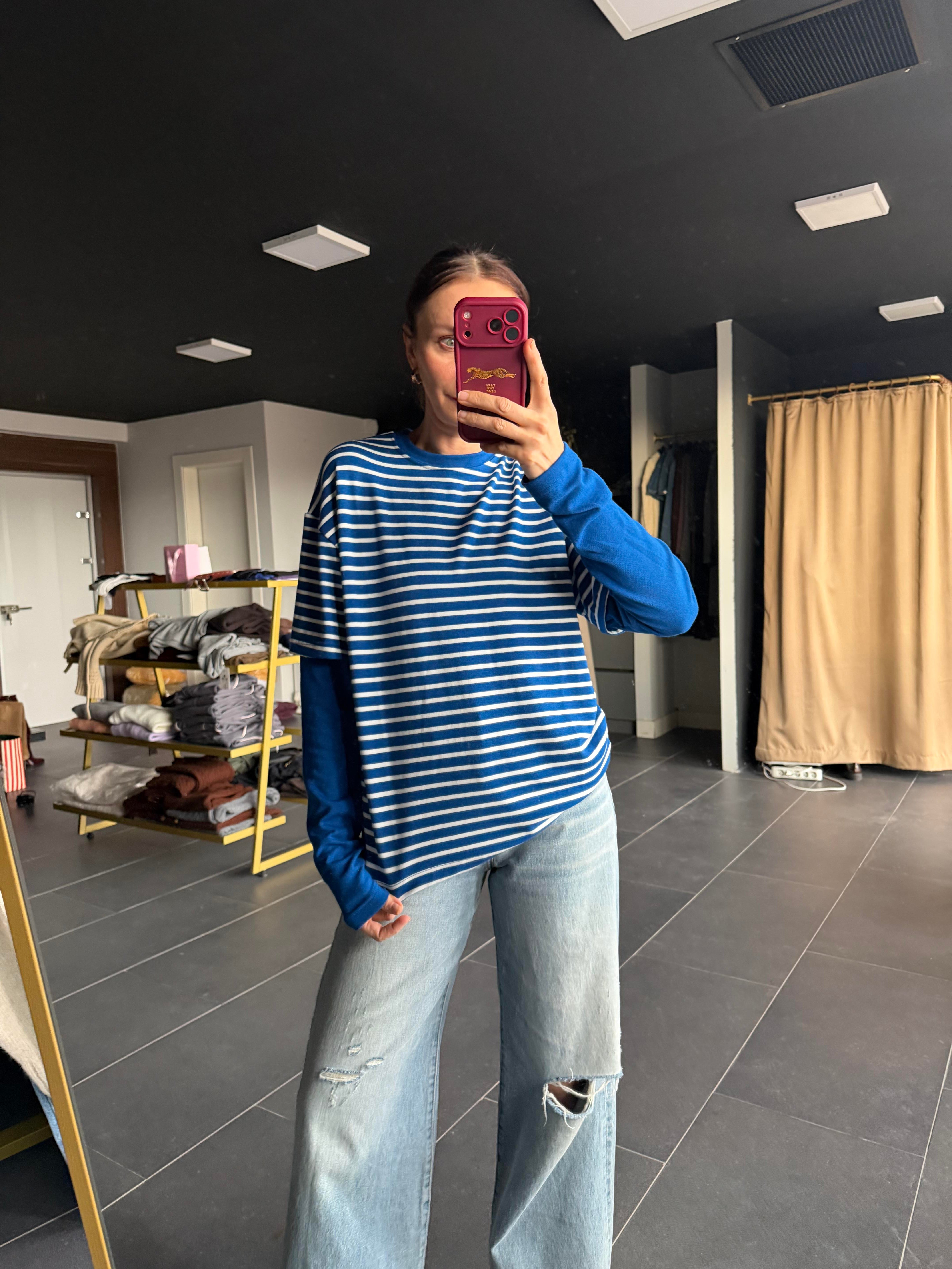 Mavi Çizgili Basic Tshirt Detaylı