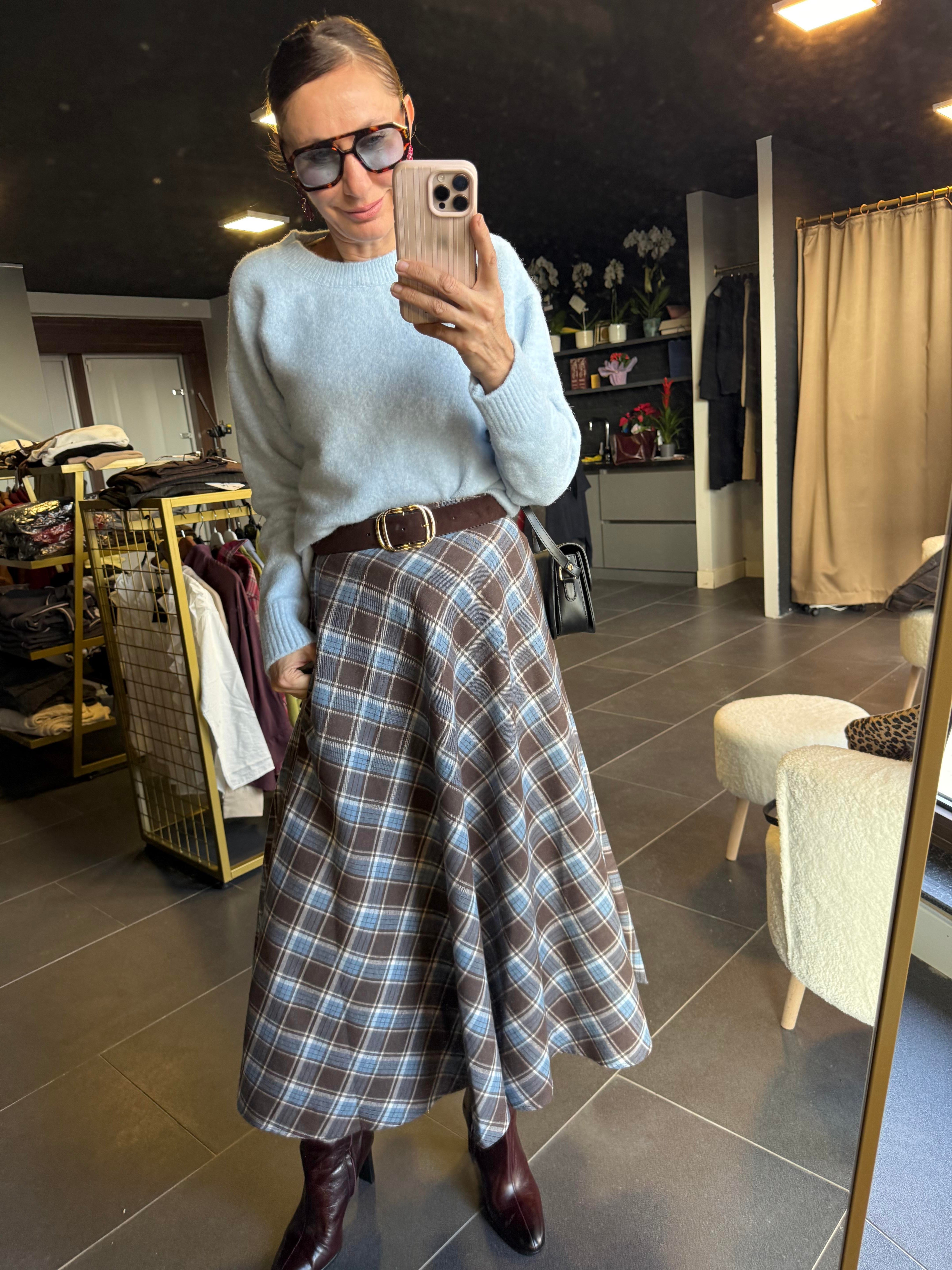 Mavi Kahve Ekoseli Midi Boy Etek