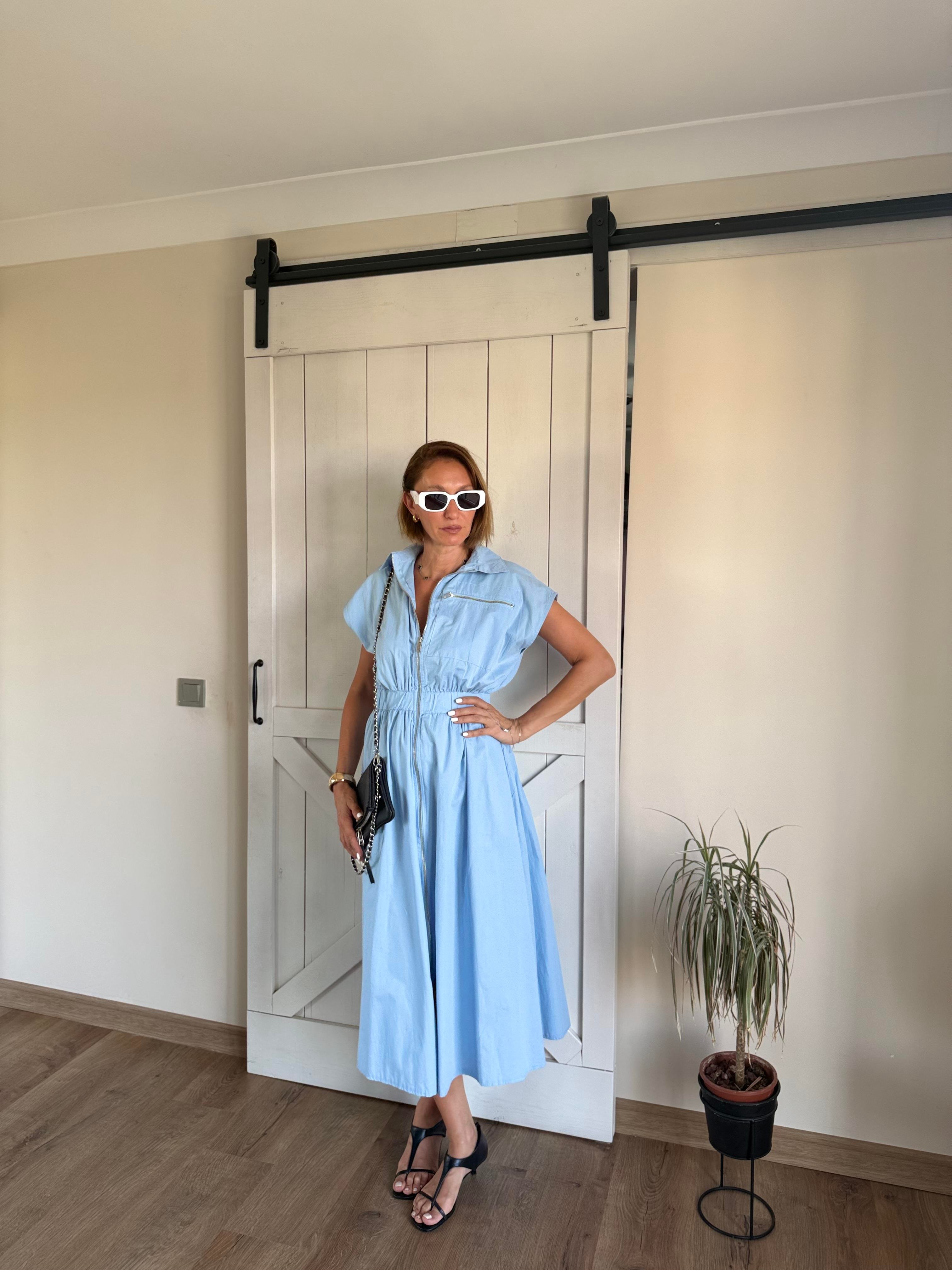 Mavi Önden Fermuarlı Poplin Elbise