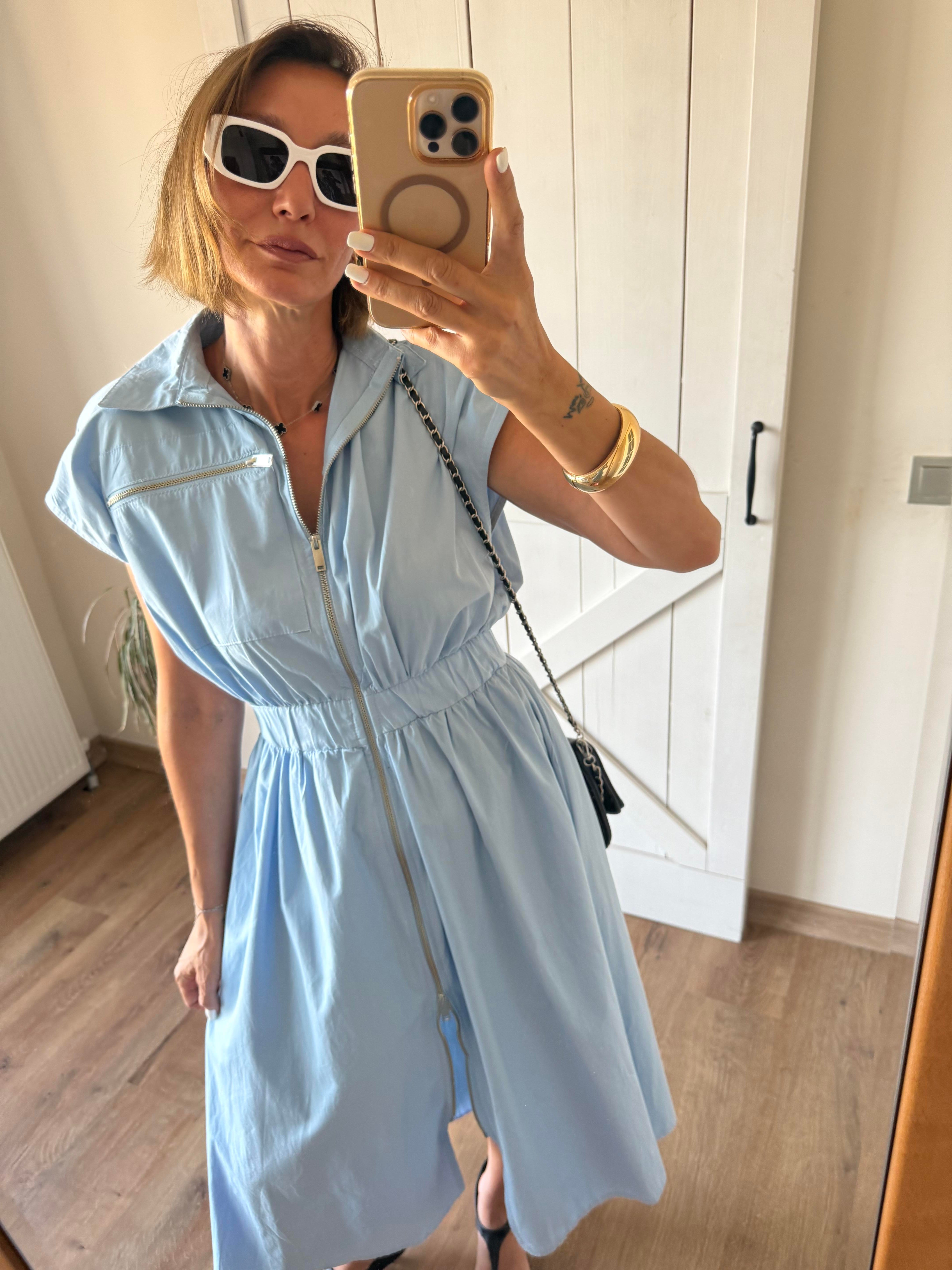 Mavi Önden Fermuarlı Poplin Elbise