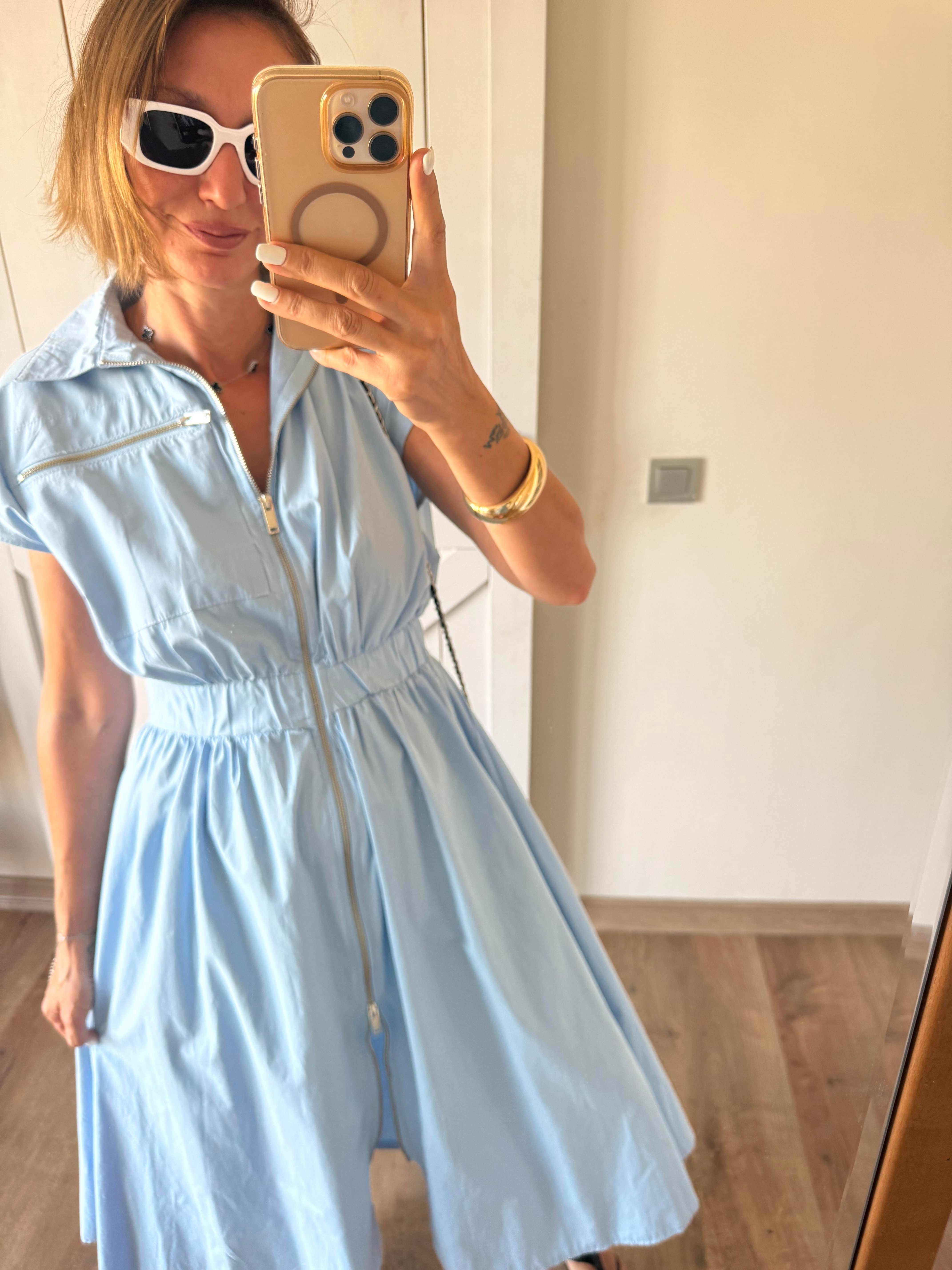 Mavi Önden Fermuarlı Poplin Elbise