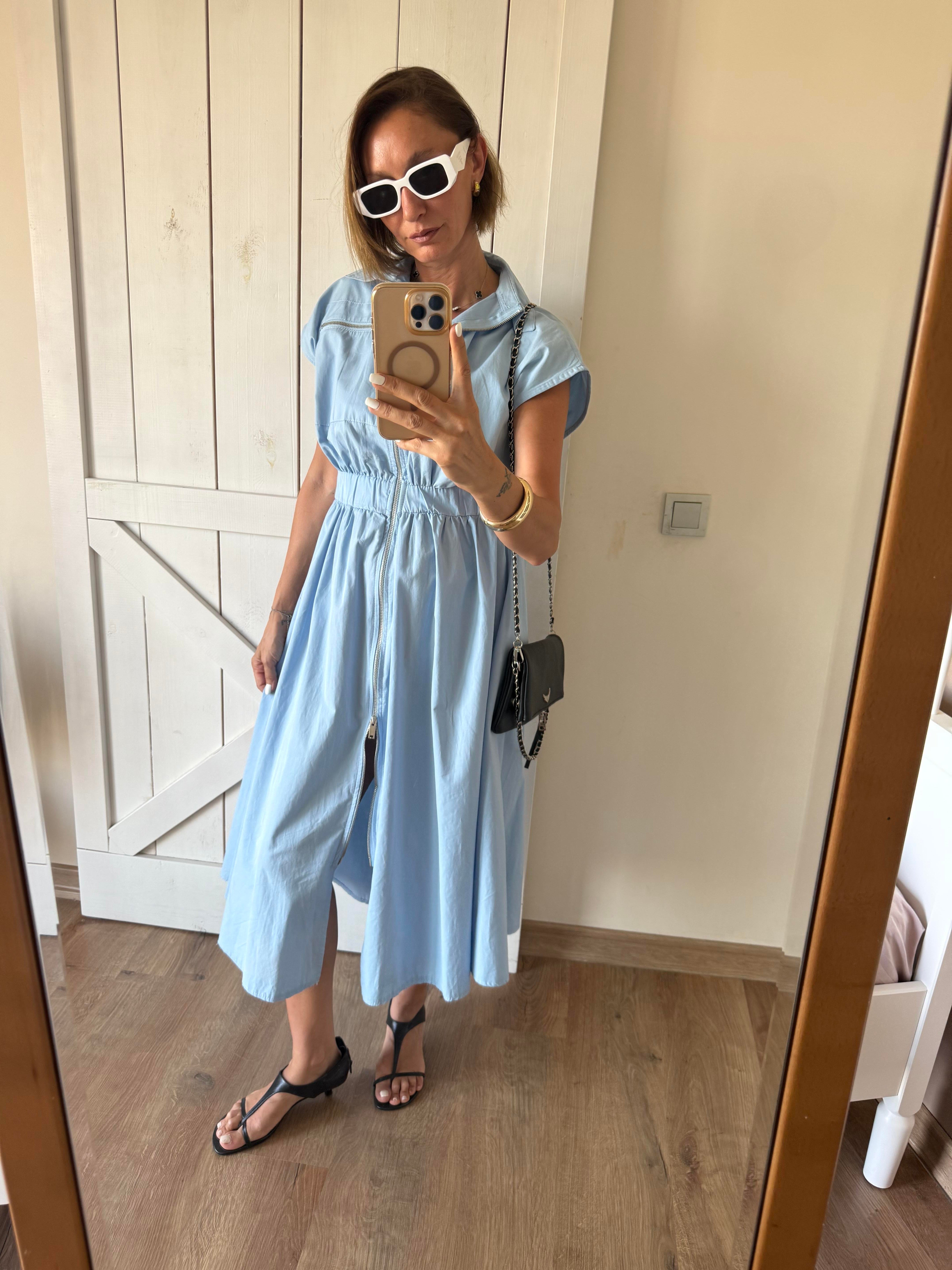 Mavi Önden Fermuarlı Poplin Elbise