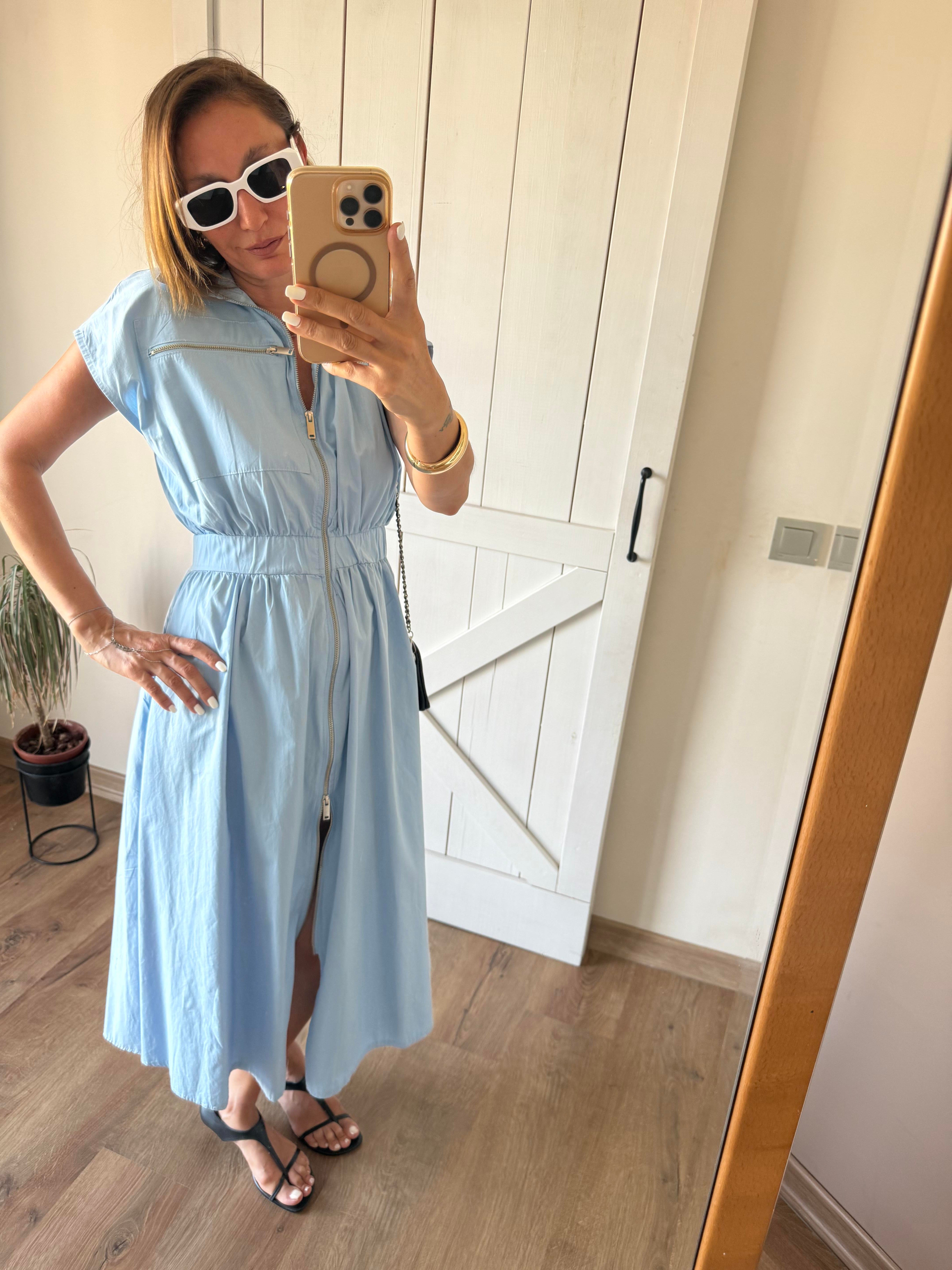 Mavi Önden Fermuarlı Poplin Elbise