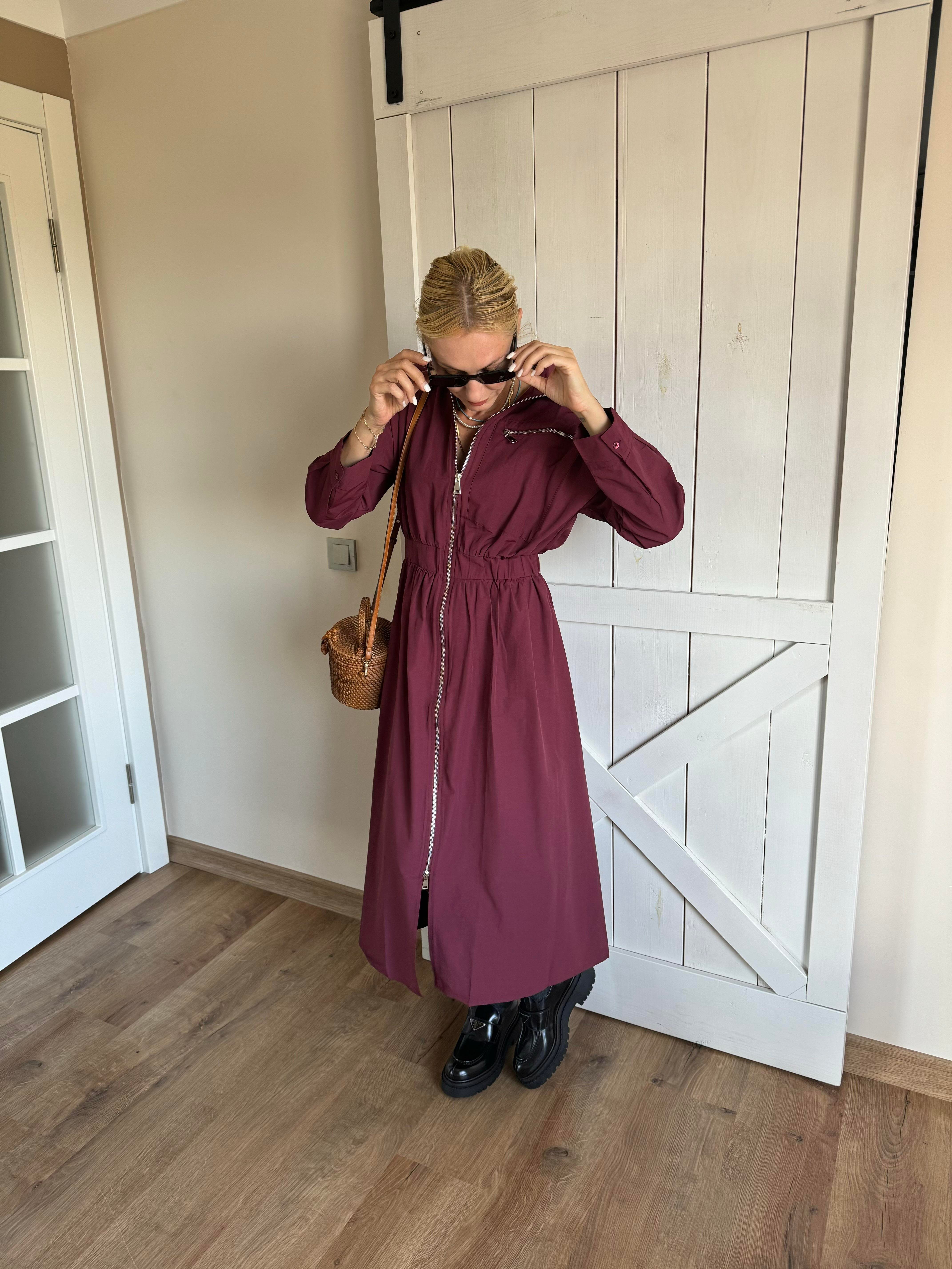 Md Bordo Fermuarlı Poplin Elbise