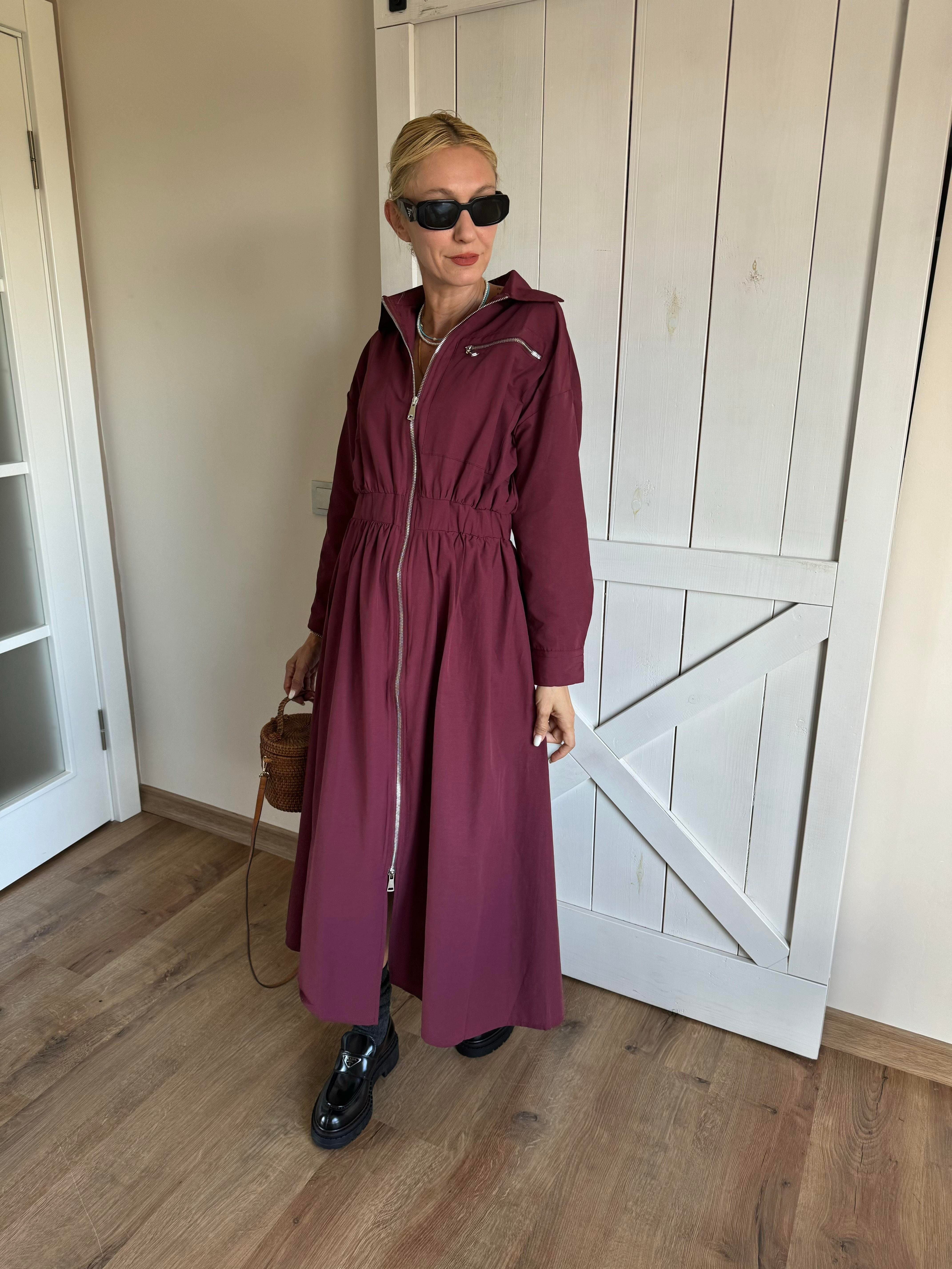 Md Bordo Fermuarlı Poplin Elbise