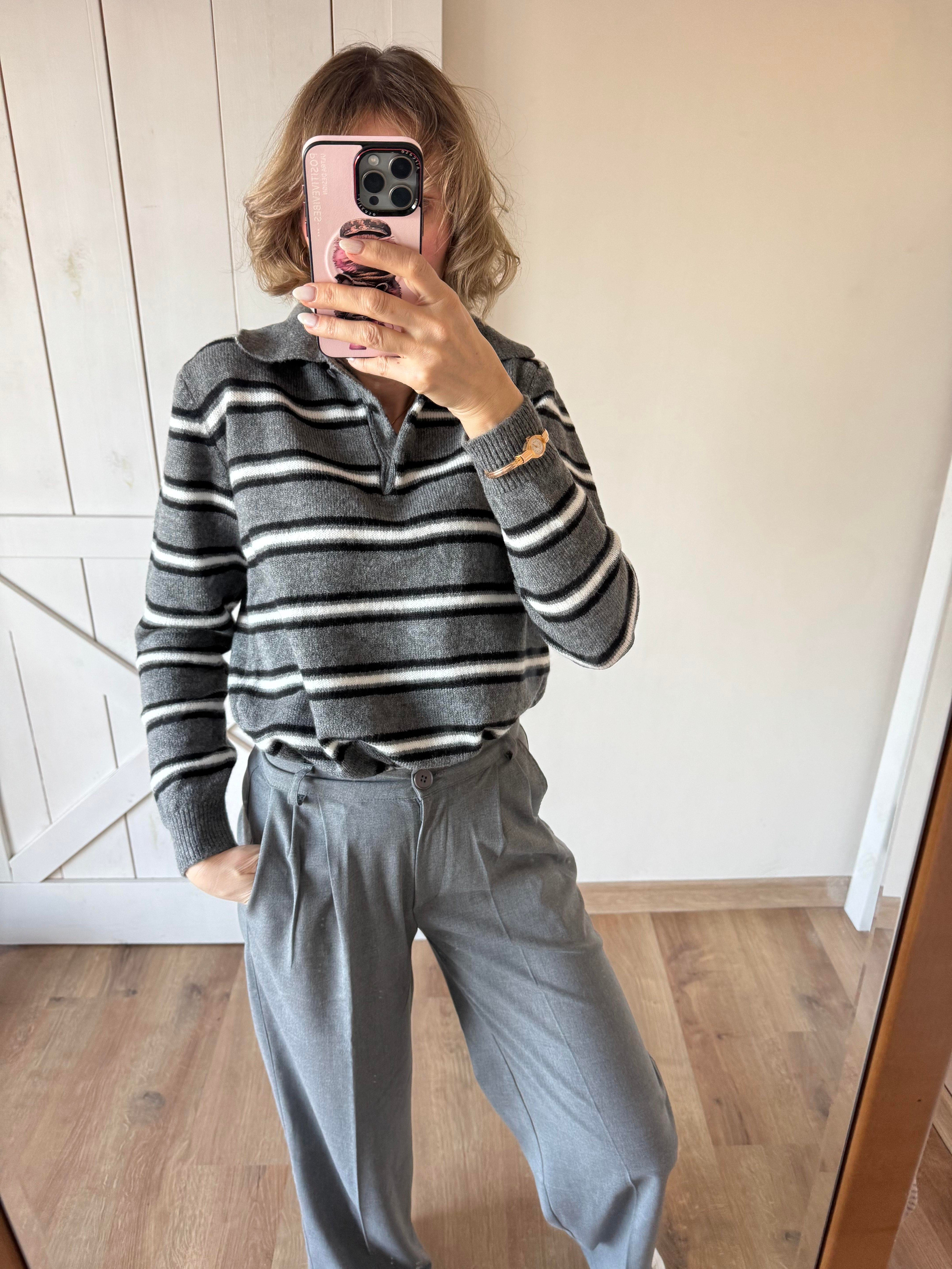 Md Çizgili Gri Yumoş Kazak