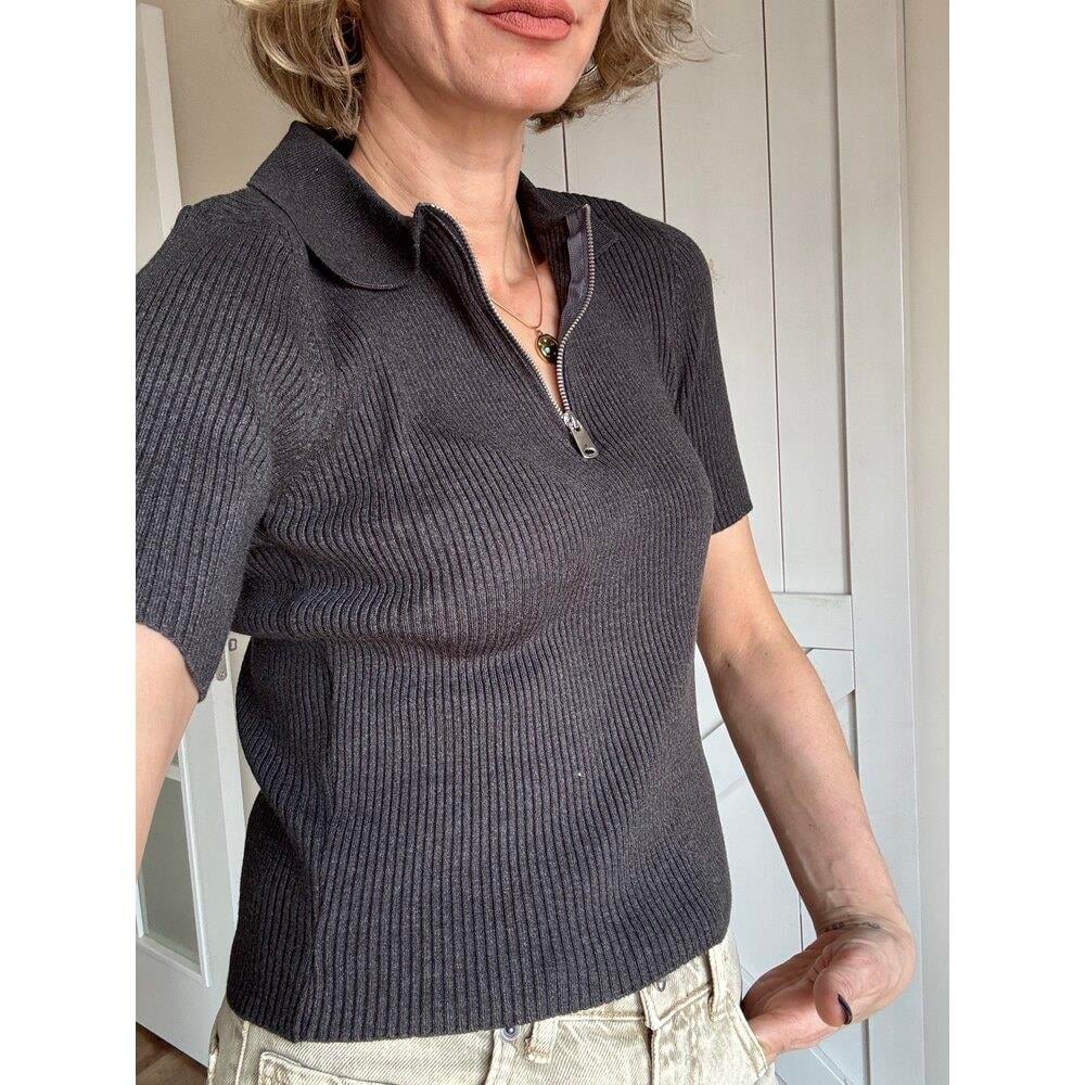 Md Gri Polo Yaka Fermuarlı Yün Karışımlı Triko Body