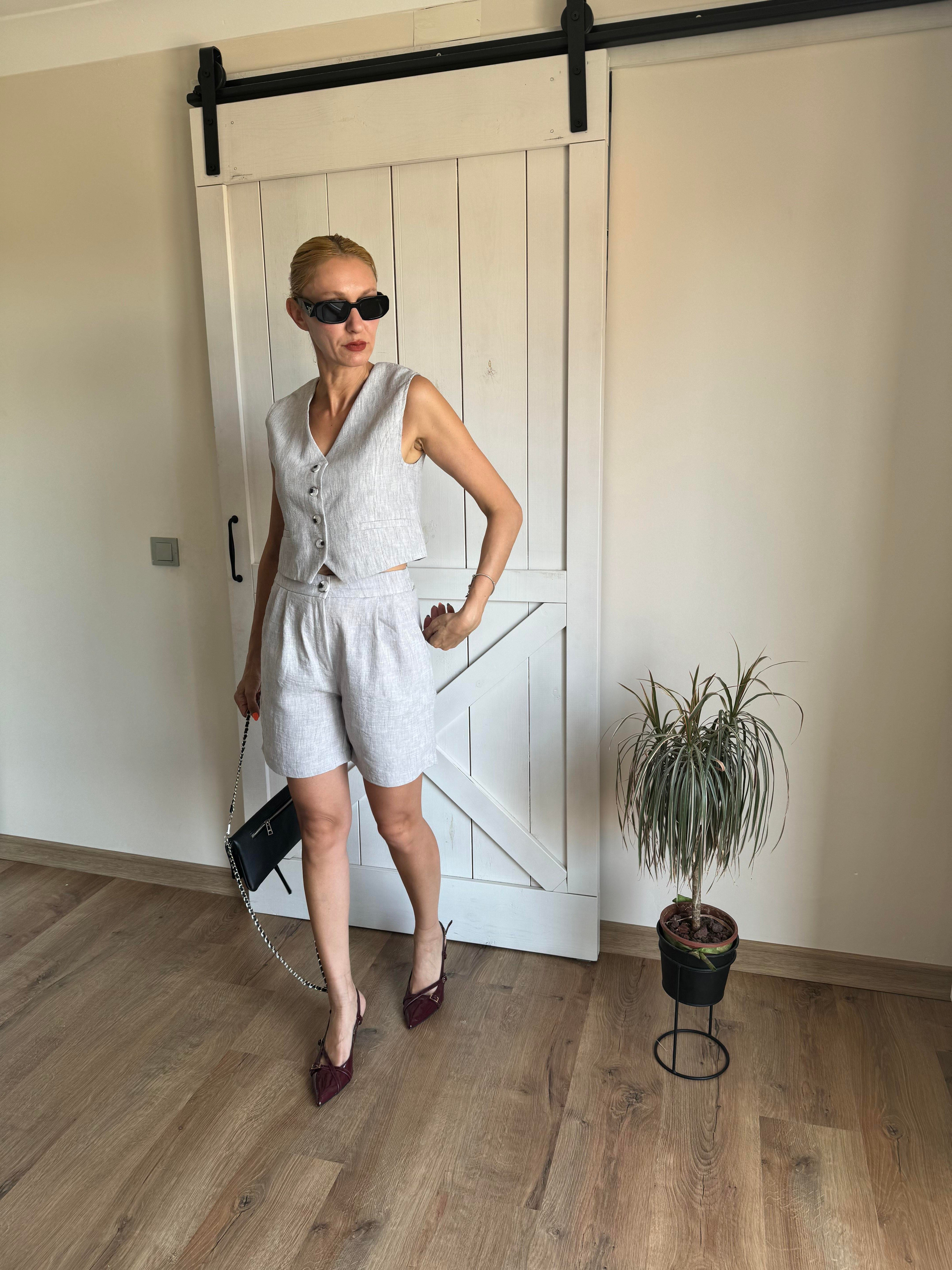 Md Keten Şortlu Takım Açık Gri