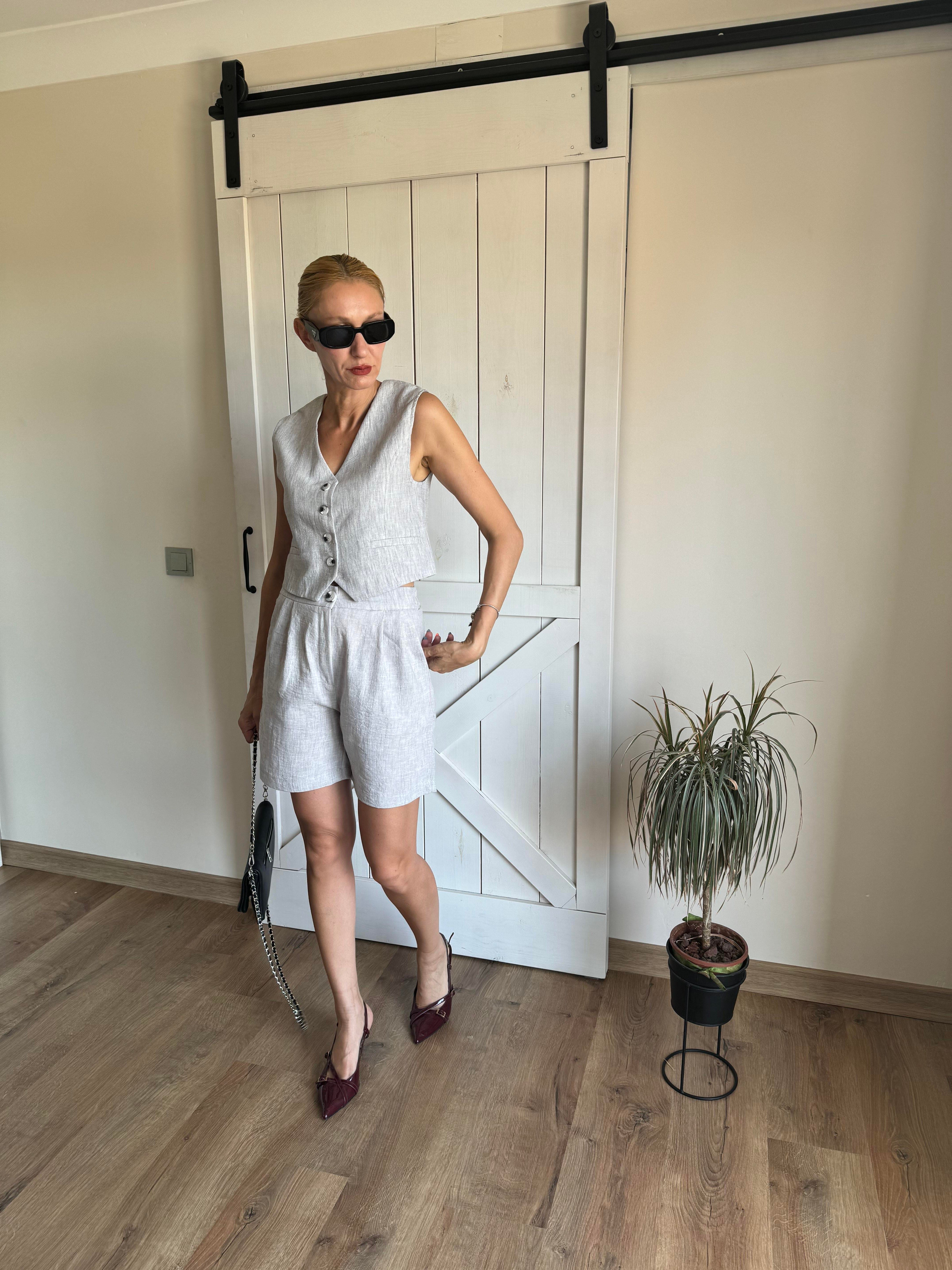 Md Keten Şortlu Takım Açık Gri