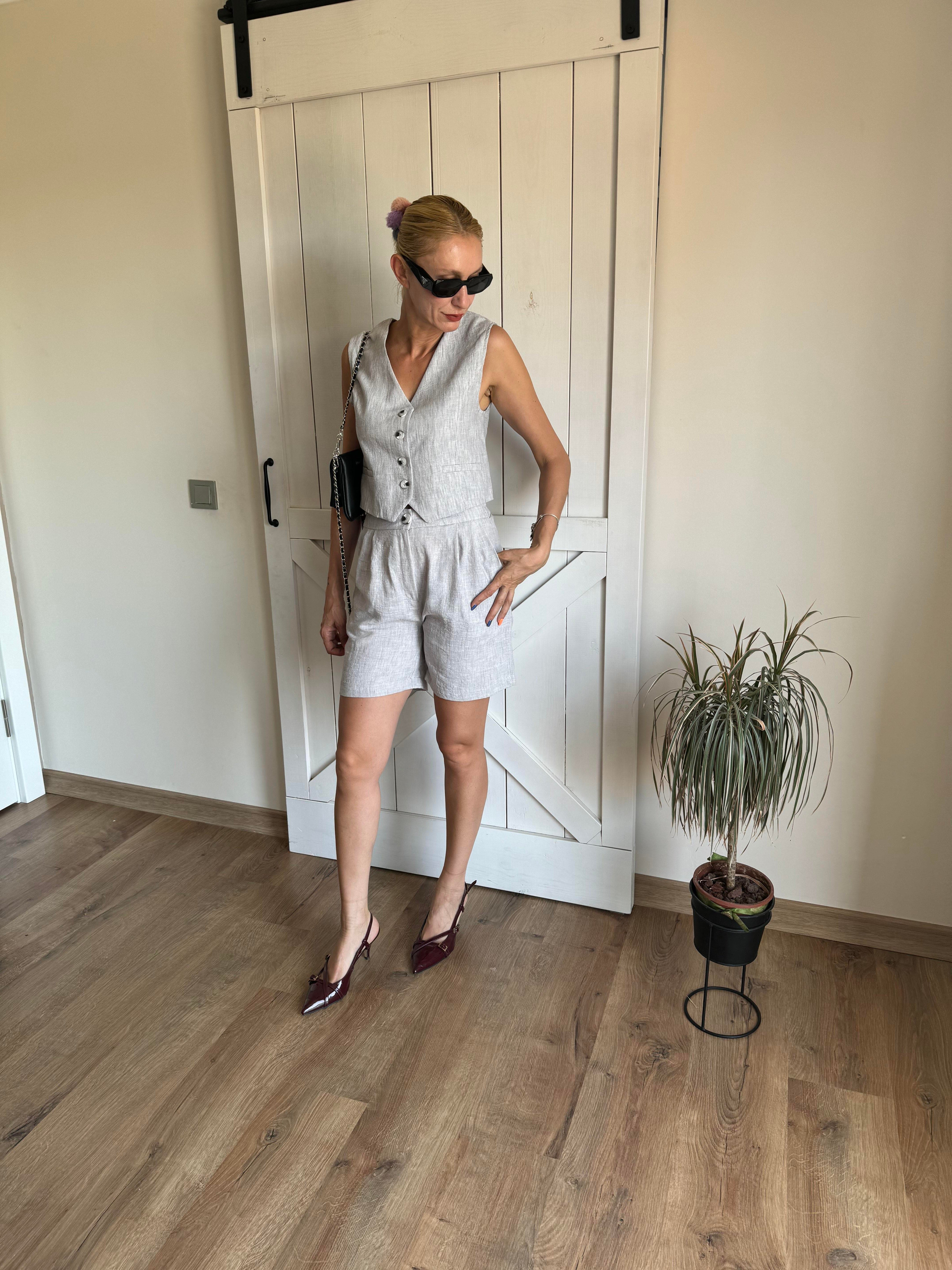 Md Keten Şortlu Takım Açık Gri