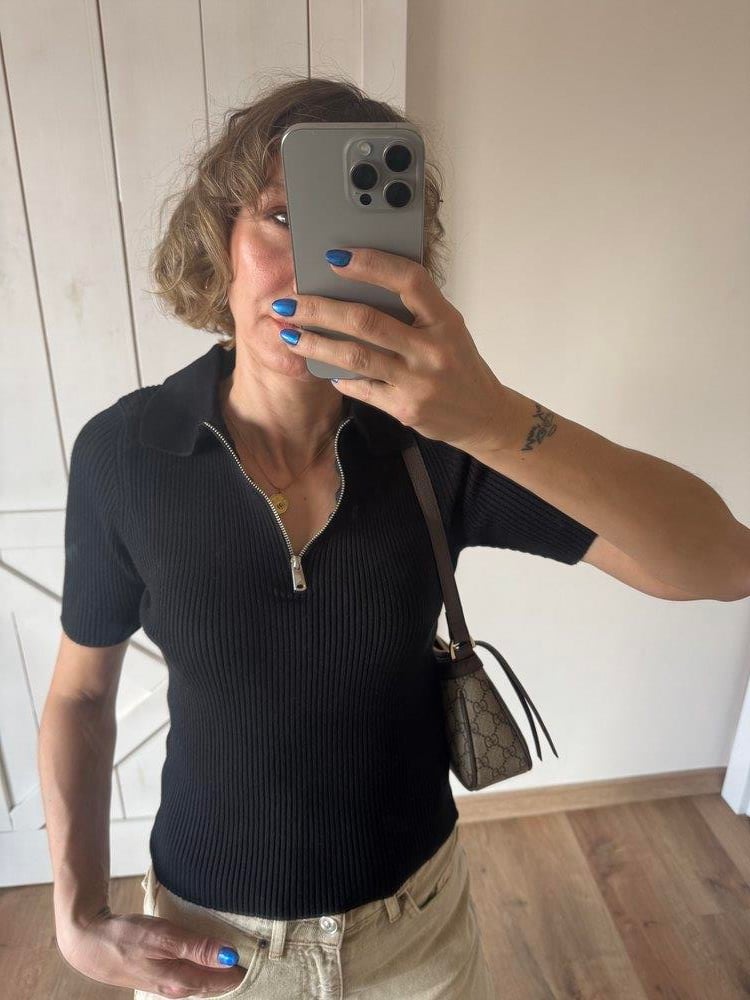 Md Siyah Polo Yaka Fermuarlı Yün Karışımlı Triko Body