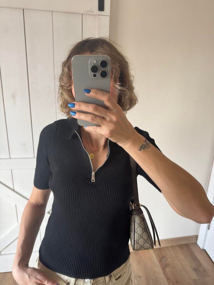 Md Siyah Polo Yaka Fermuarlı Yün Karışımlı Triko Body