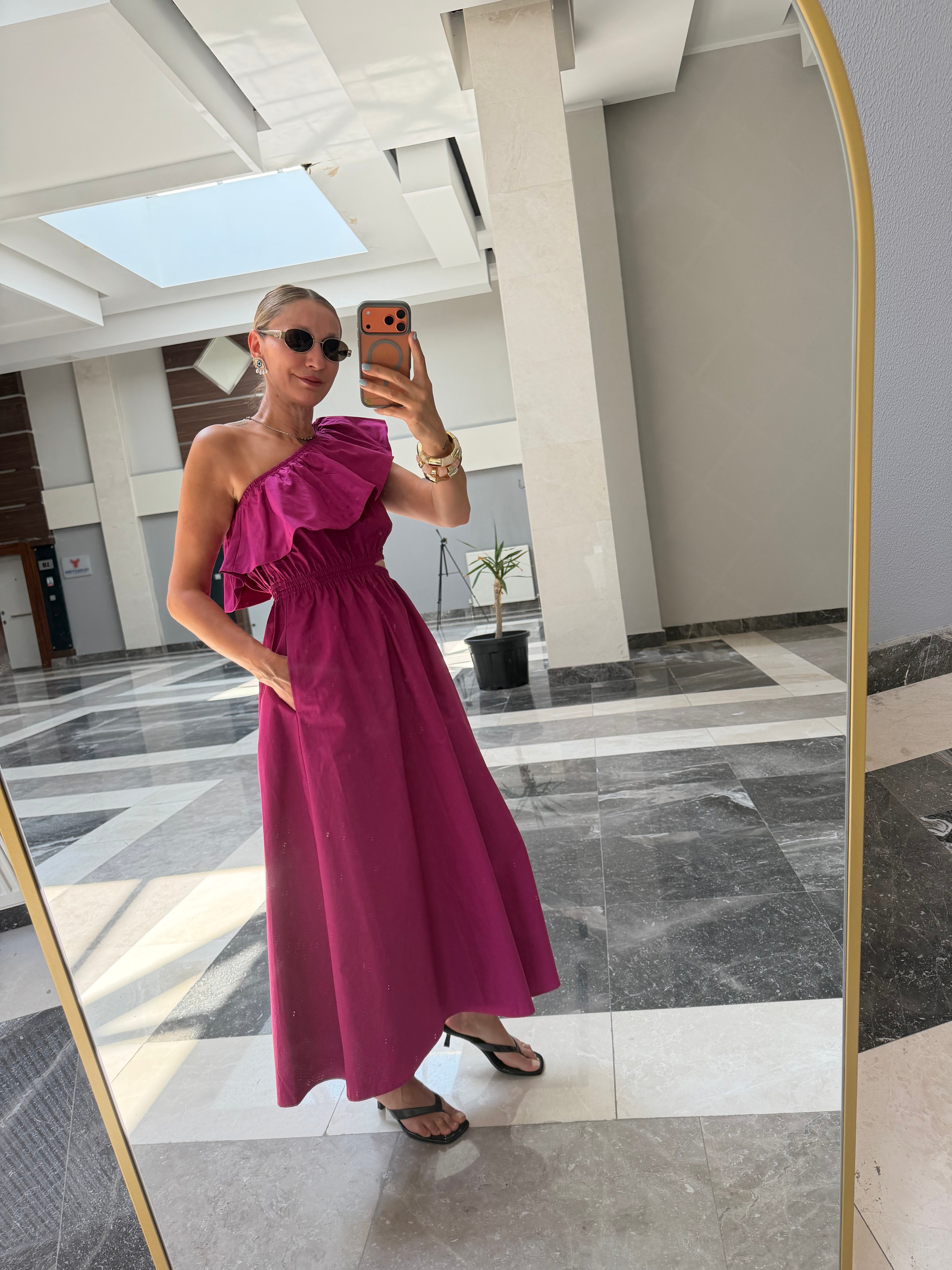 Mng Fuşya Tek Omuz Elbise