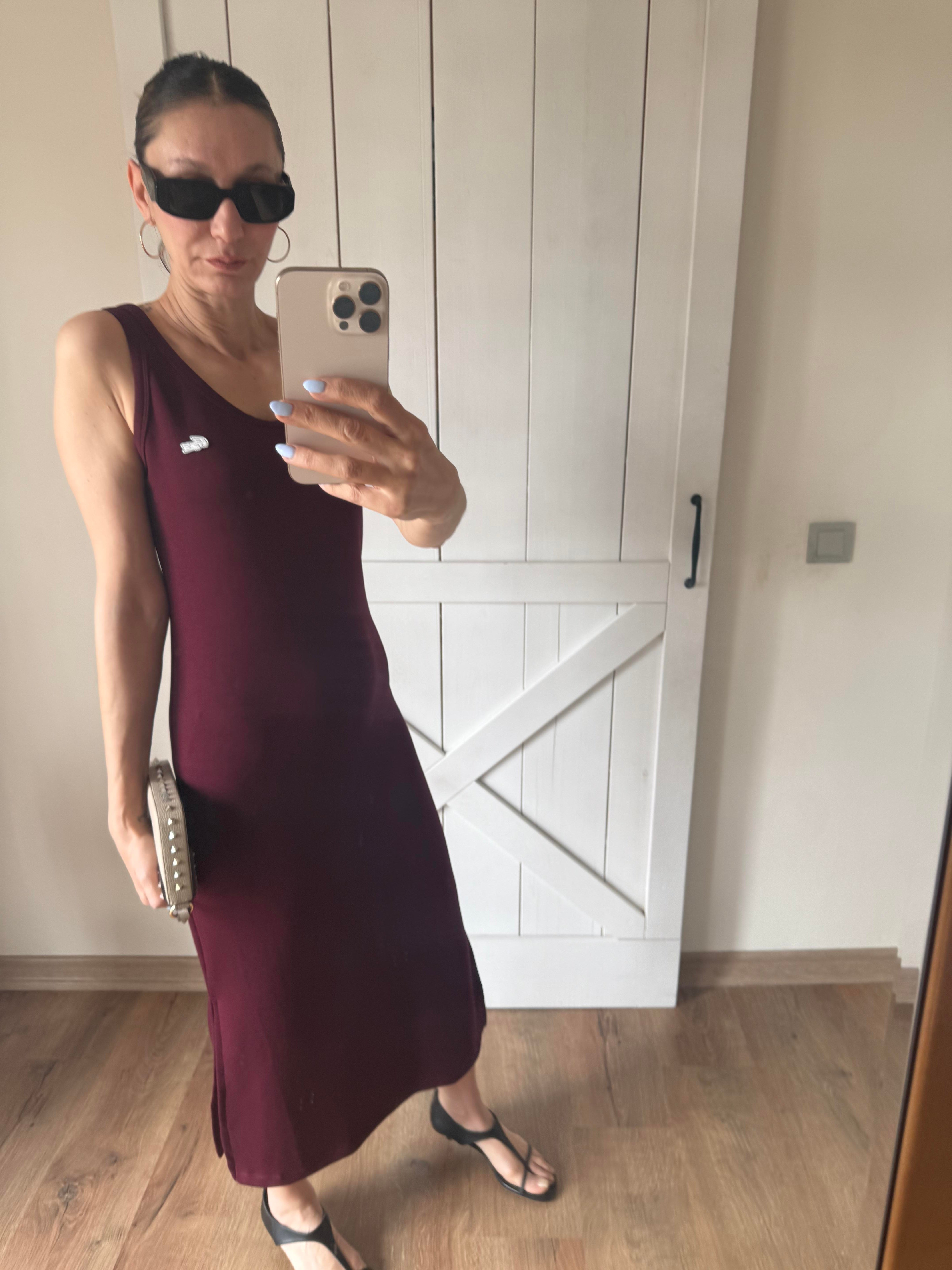 Modal Kalın Askılı Bordo Elbise