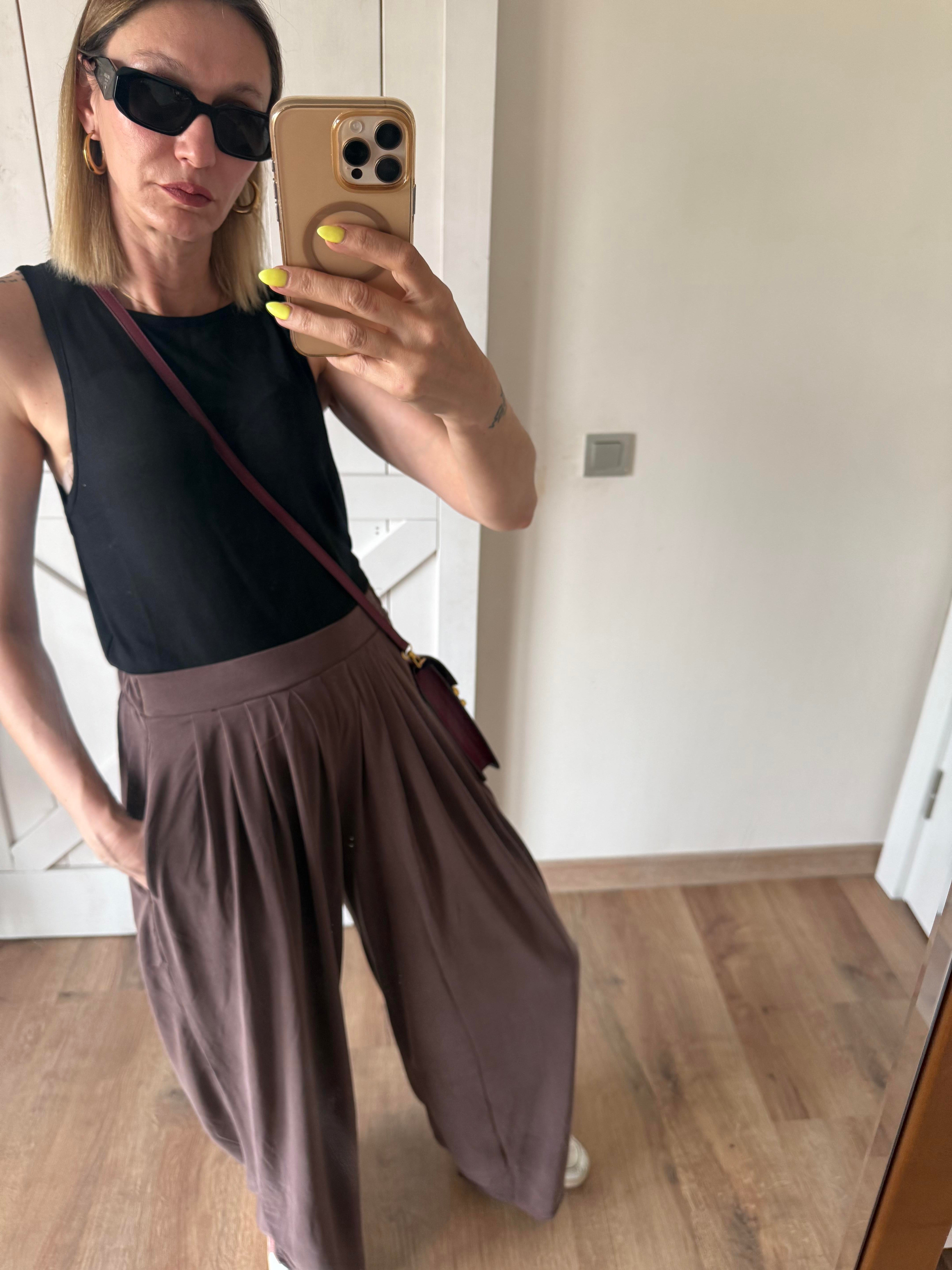 Modal Karışımlı Dökümlü Extra Wide Kahve Pantolon