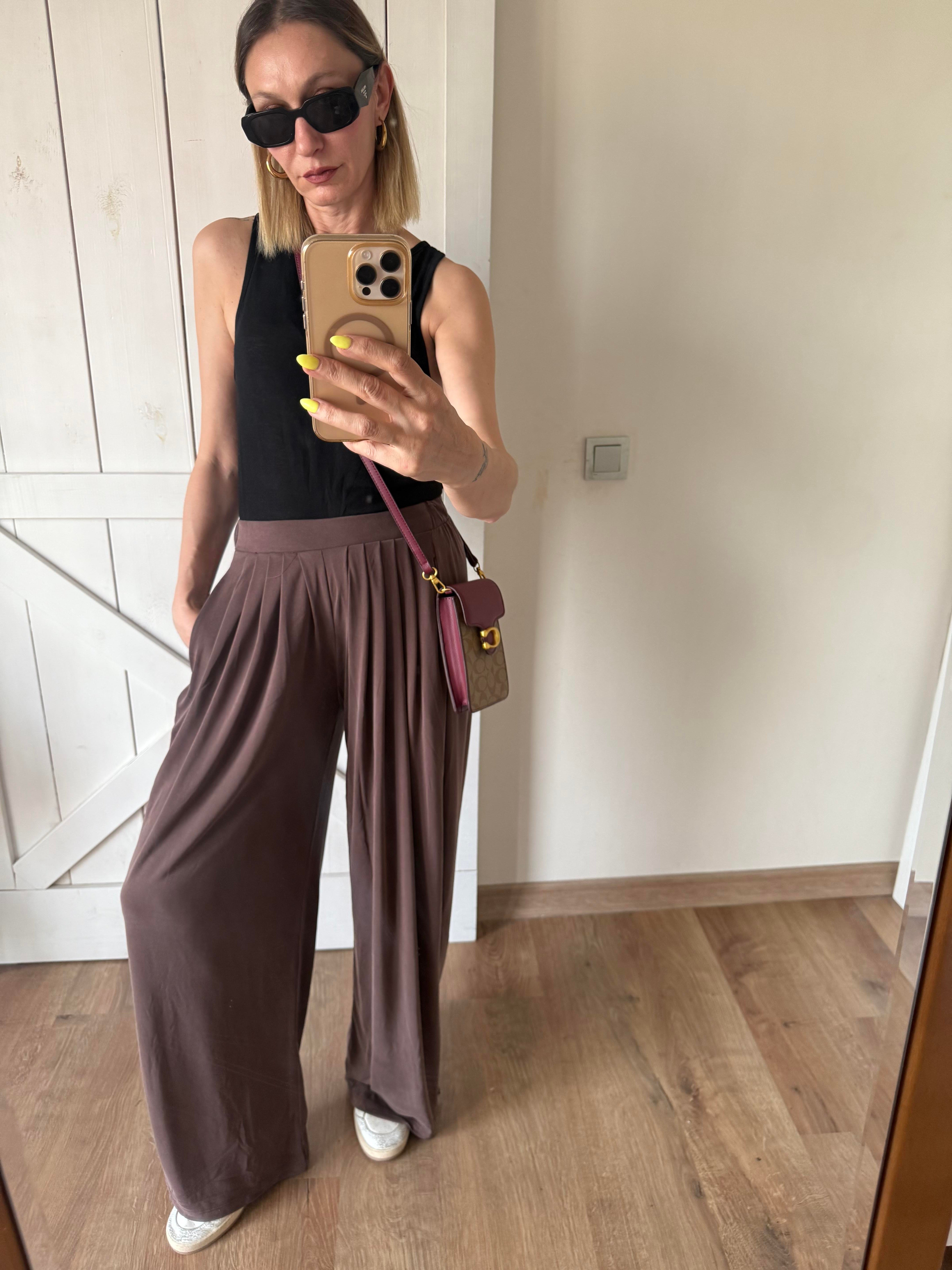 Modal Karışımlı Dökümlü Extra Wide Kahve Pantolon