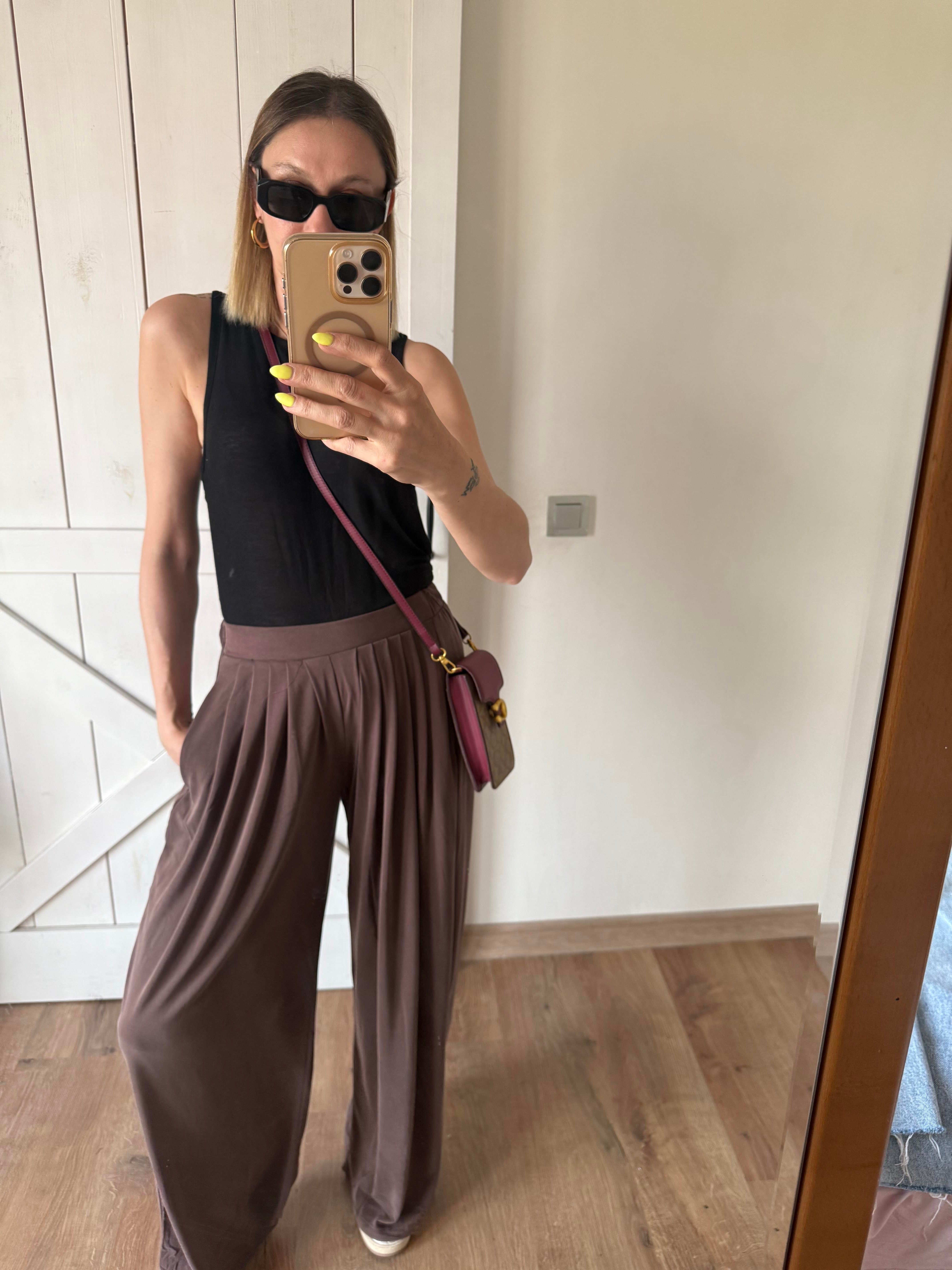 Modal Karışımlı Dökümlü Extra Wide Kahve Pantolon