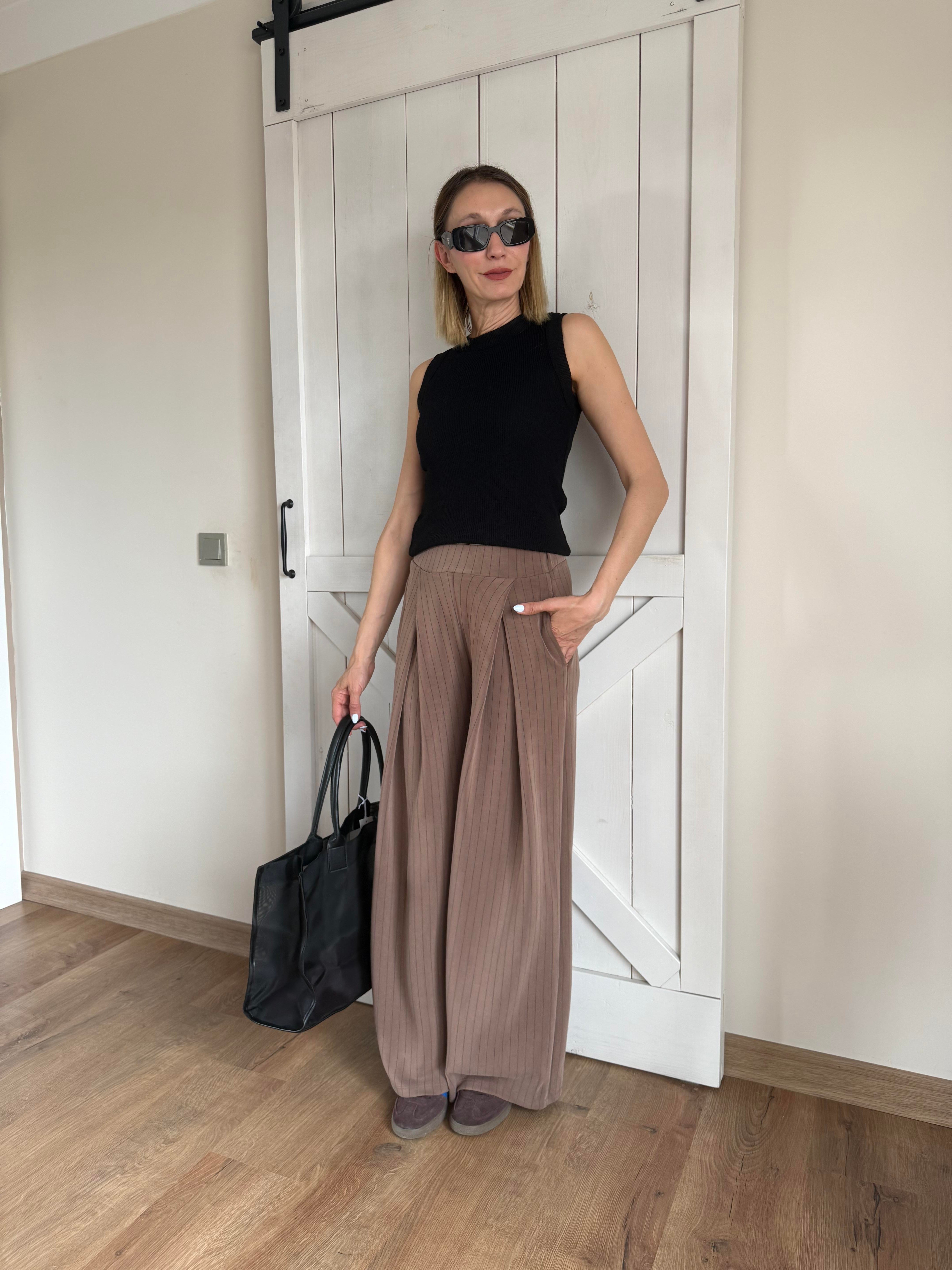 Modal Kumaş Kahve İnce Çizgili Pantolon