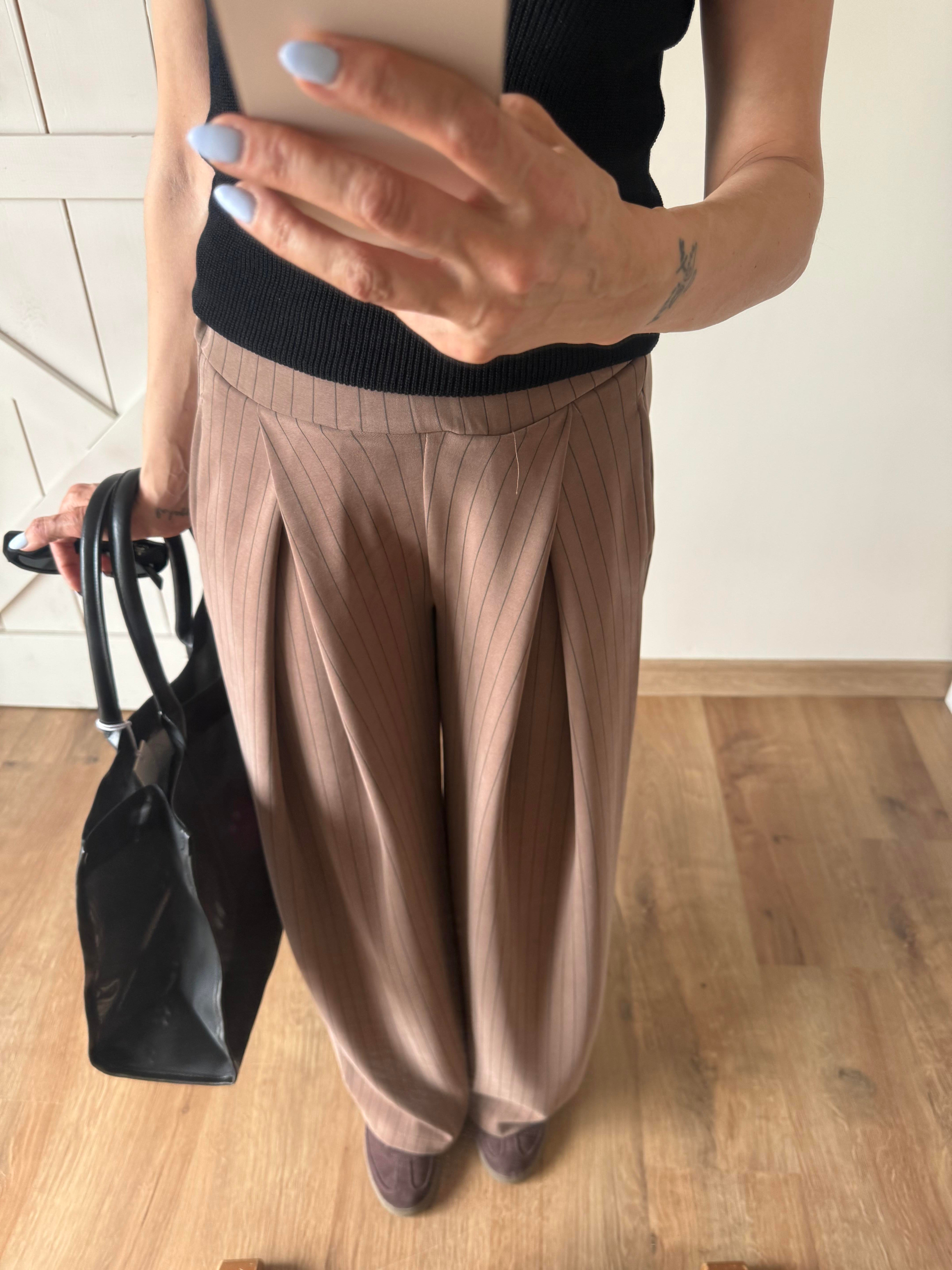 Modal Kumaş Kahve İnce Çizgili Pantolon