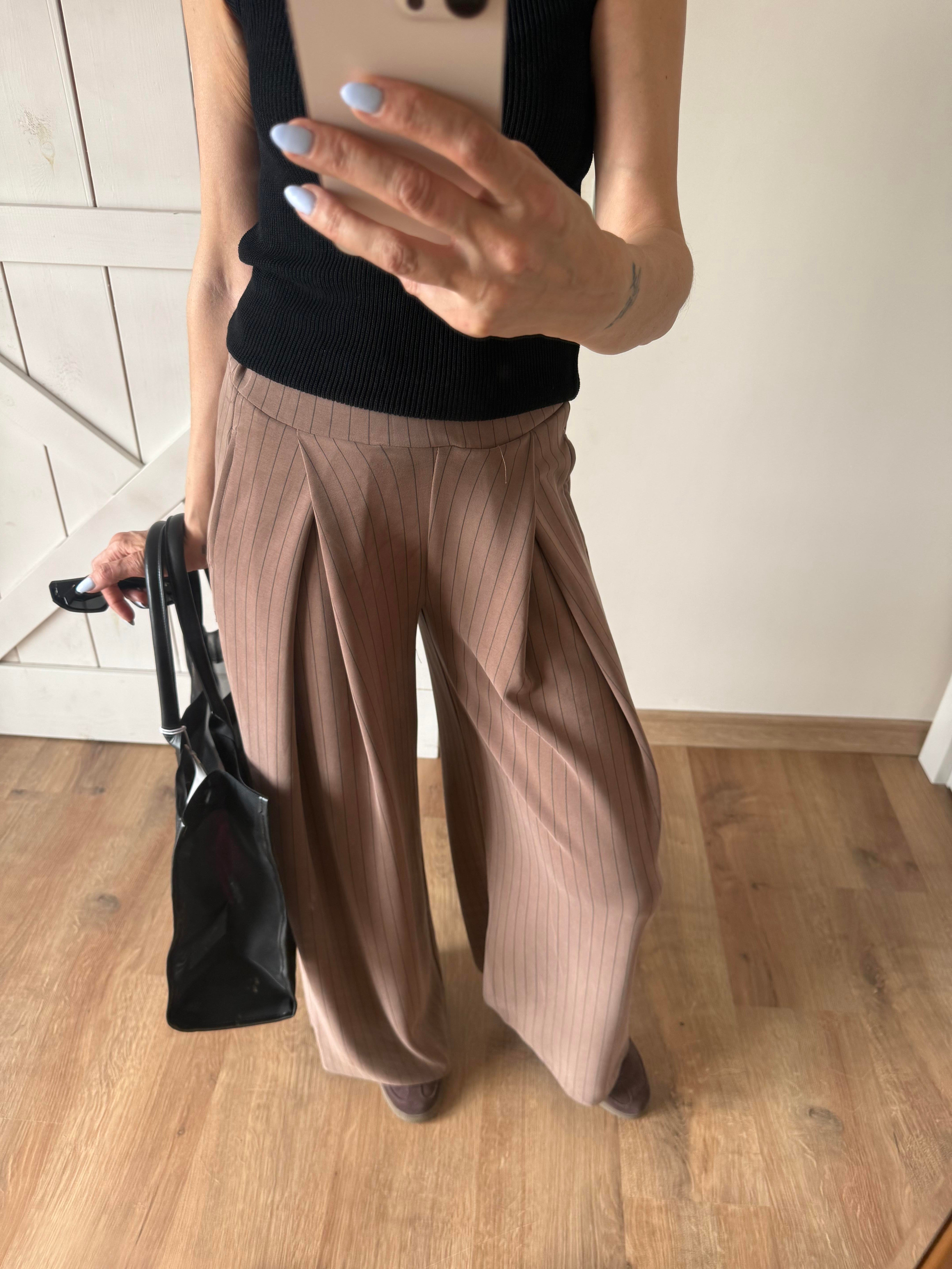 Modal Kumaş Kahve İnce Çizgili Pantolon