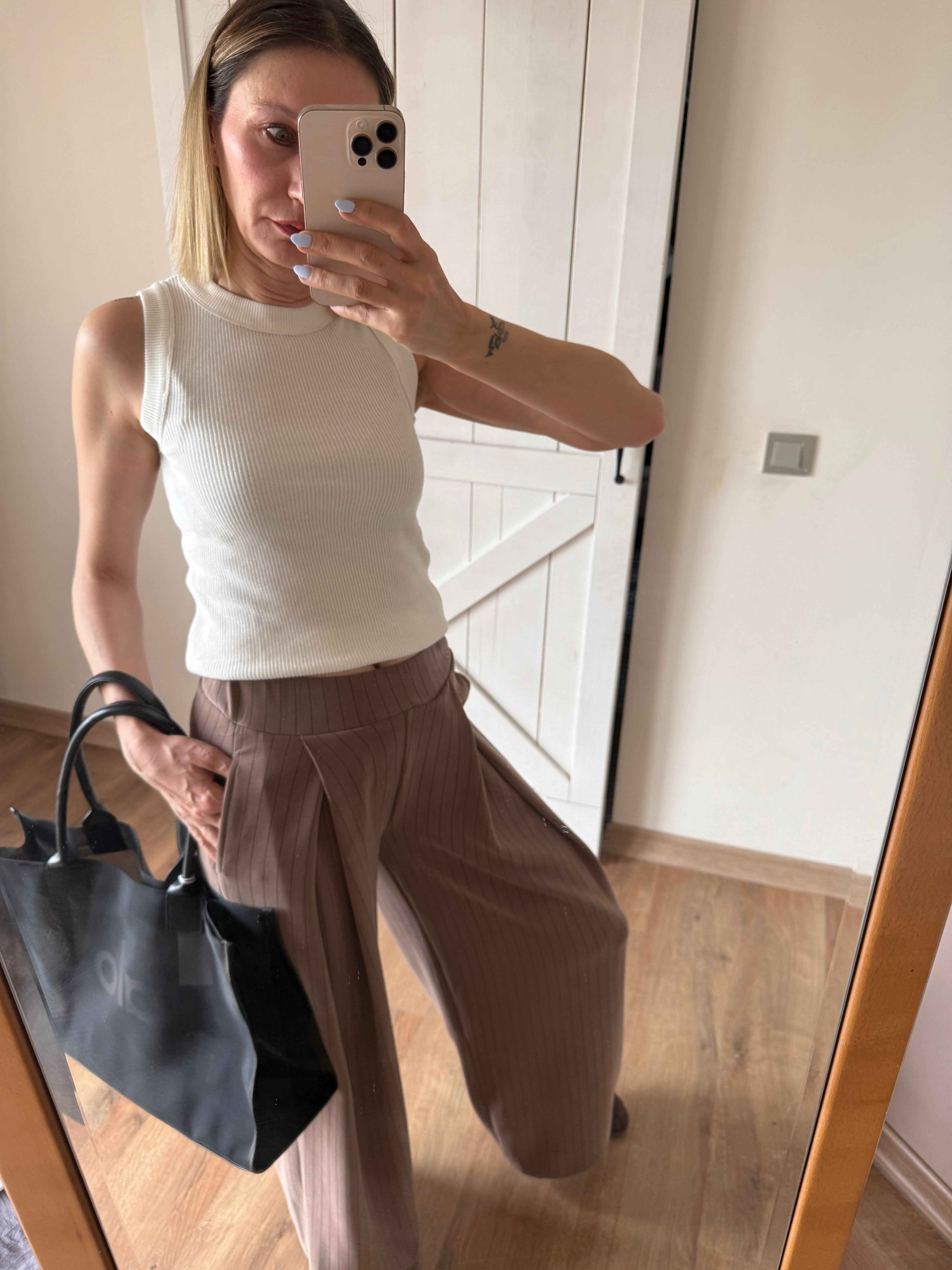 Modal Kumaş Kahve İnce Çizgili Pantolon