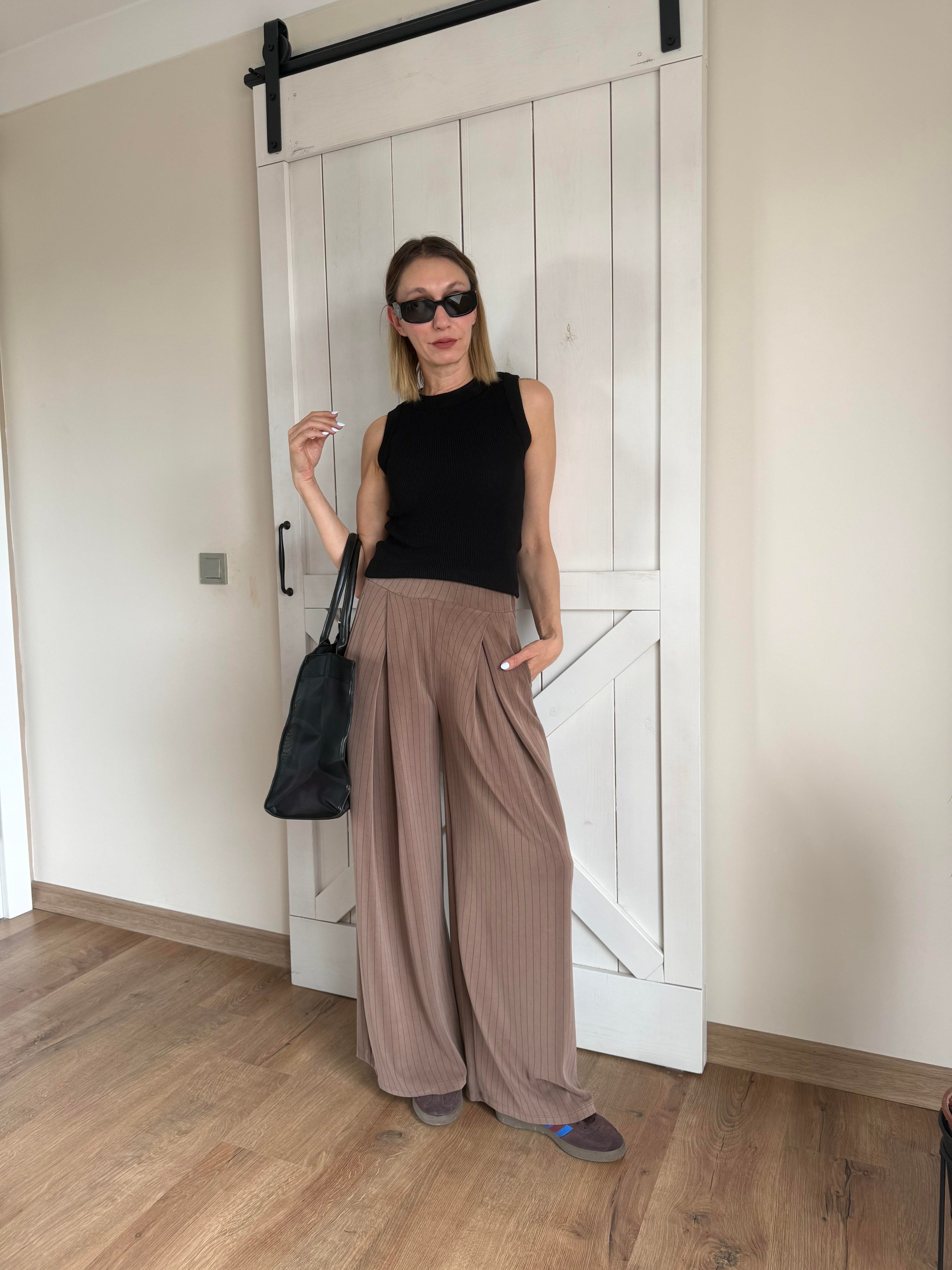 Modal Kumaş Kahve İnce Çizgili Pantolon