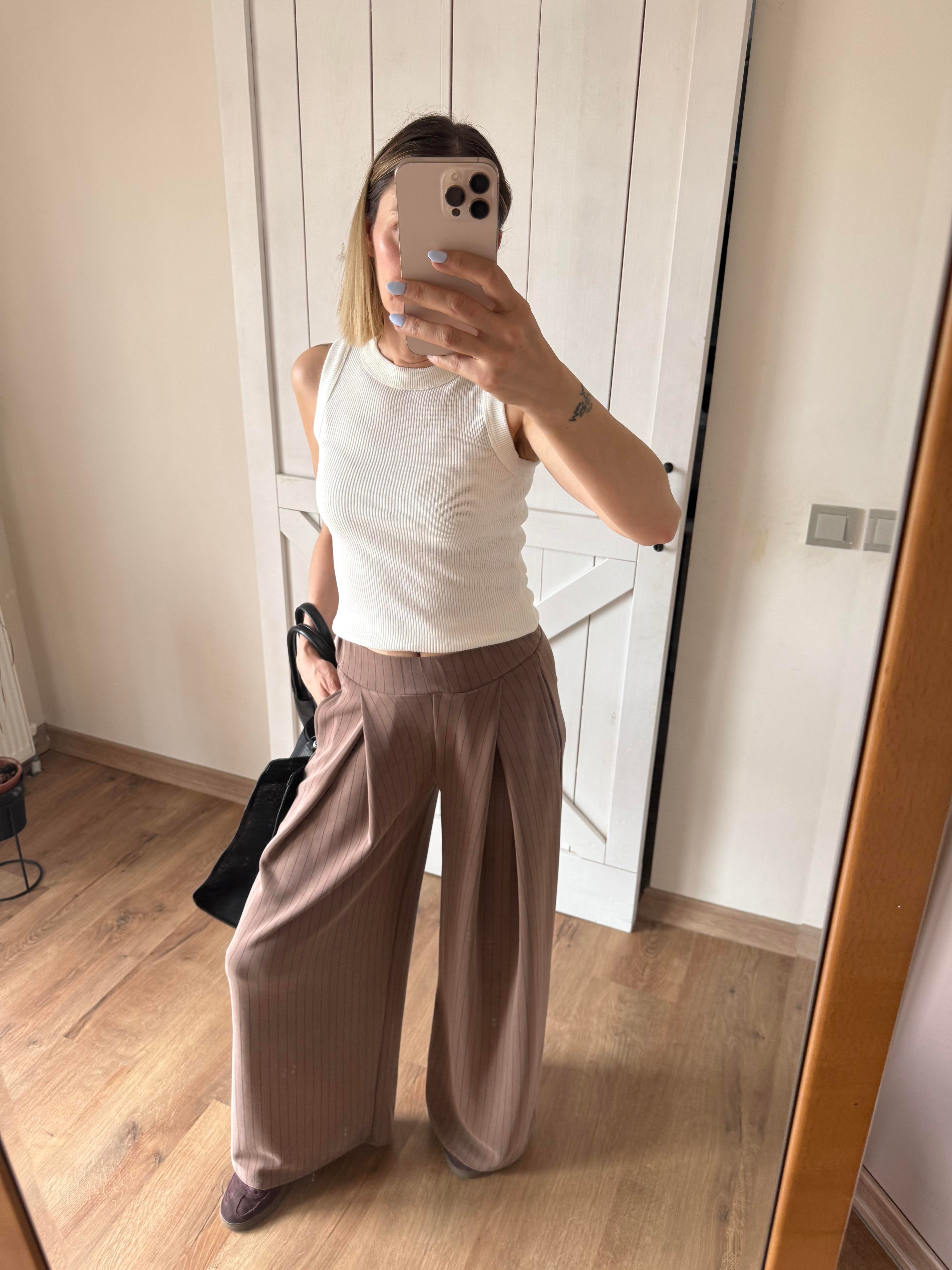 Modal Kumaş Kahve İnce Çizgili Pantolon